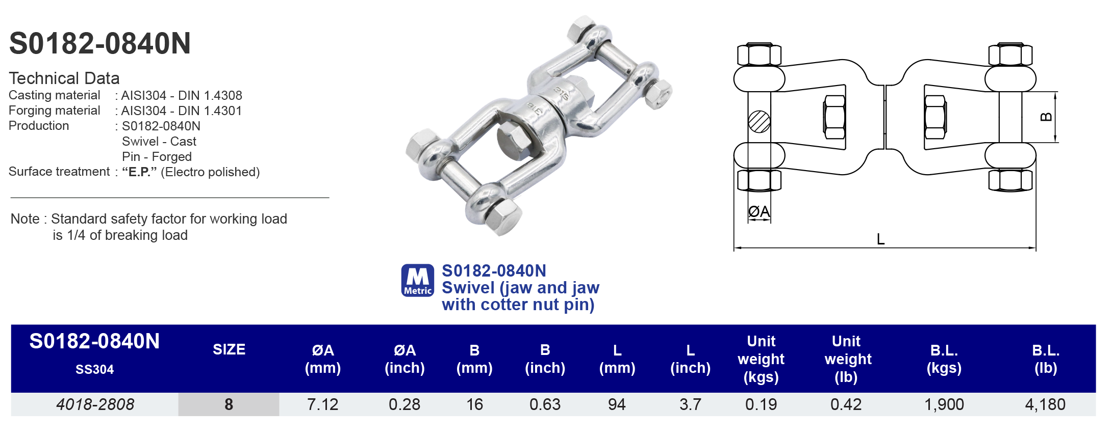 S0182-0840N Swivel (jaw and jaw with cotter nut pin) - 304
