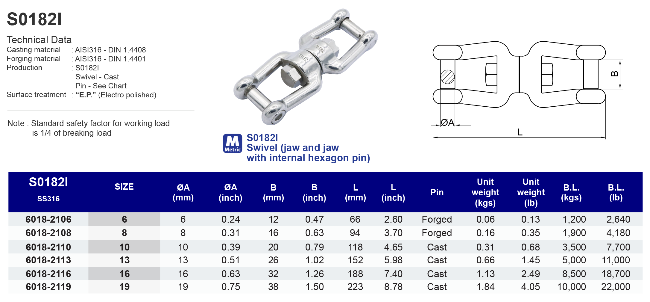 S0182I Swivel (jaw and jaw with internal hexagon pin) - 316