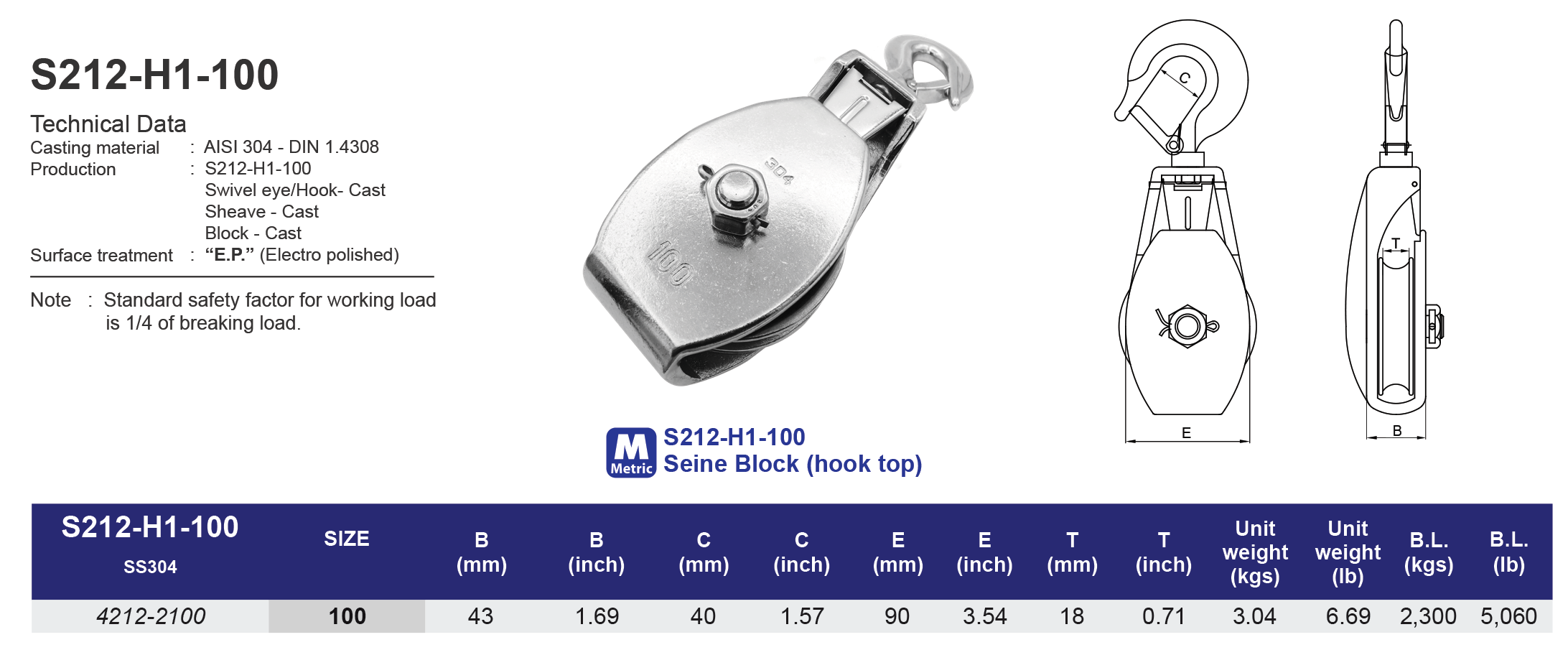 S212-H1-100 Seine Block 100 mm (hook top)