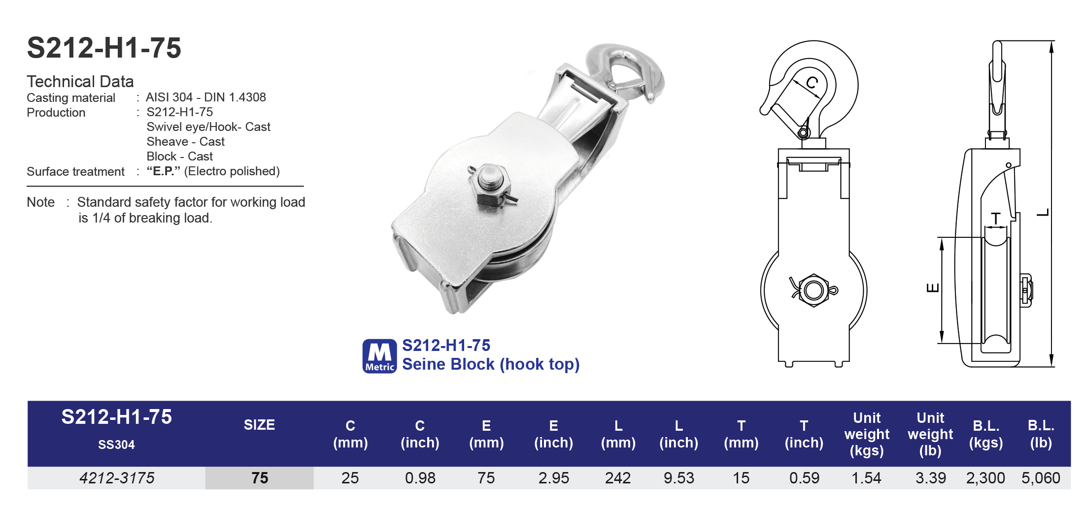 S212-H1-75 Seine Block 75 mm (hook top)
