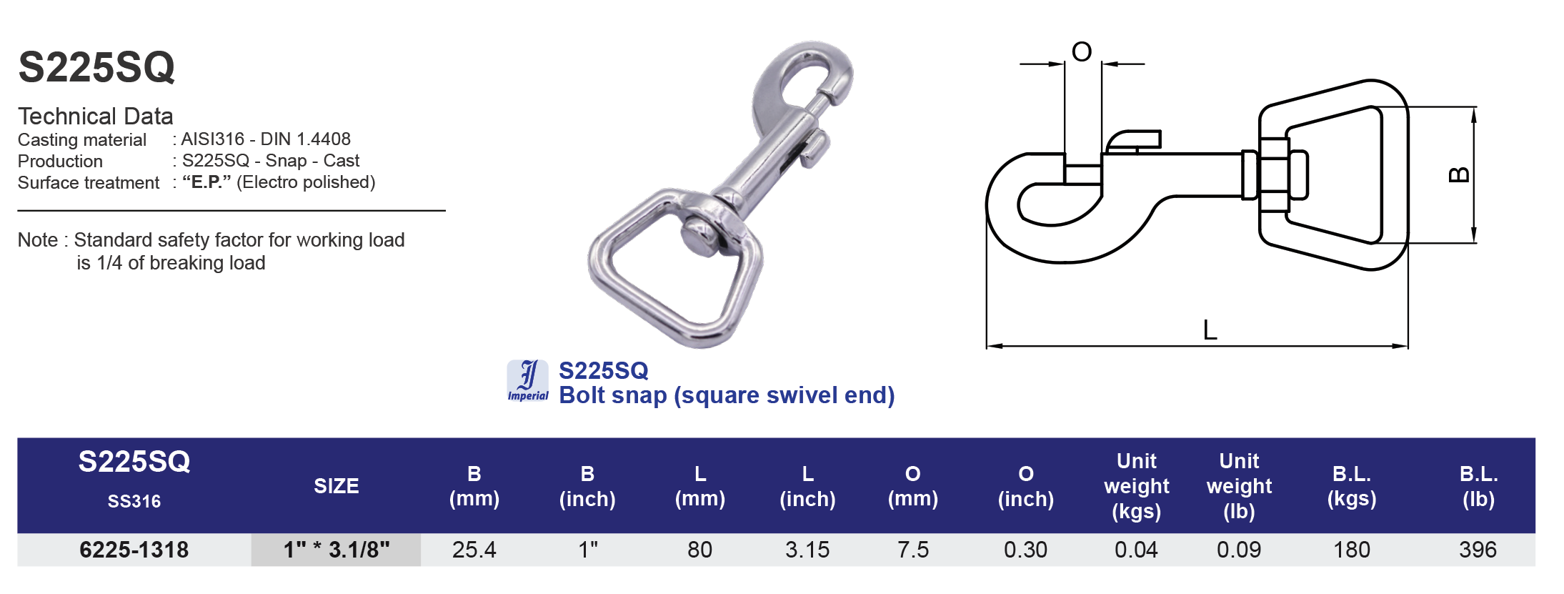 S225SQ Bolt snap (square swivel end) - 316