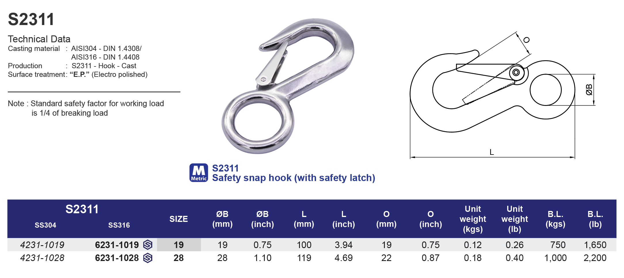 S2311 Safety snap hook (with safety latch) - 316