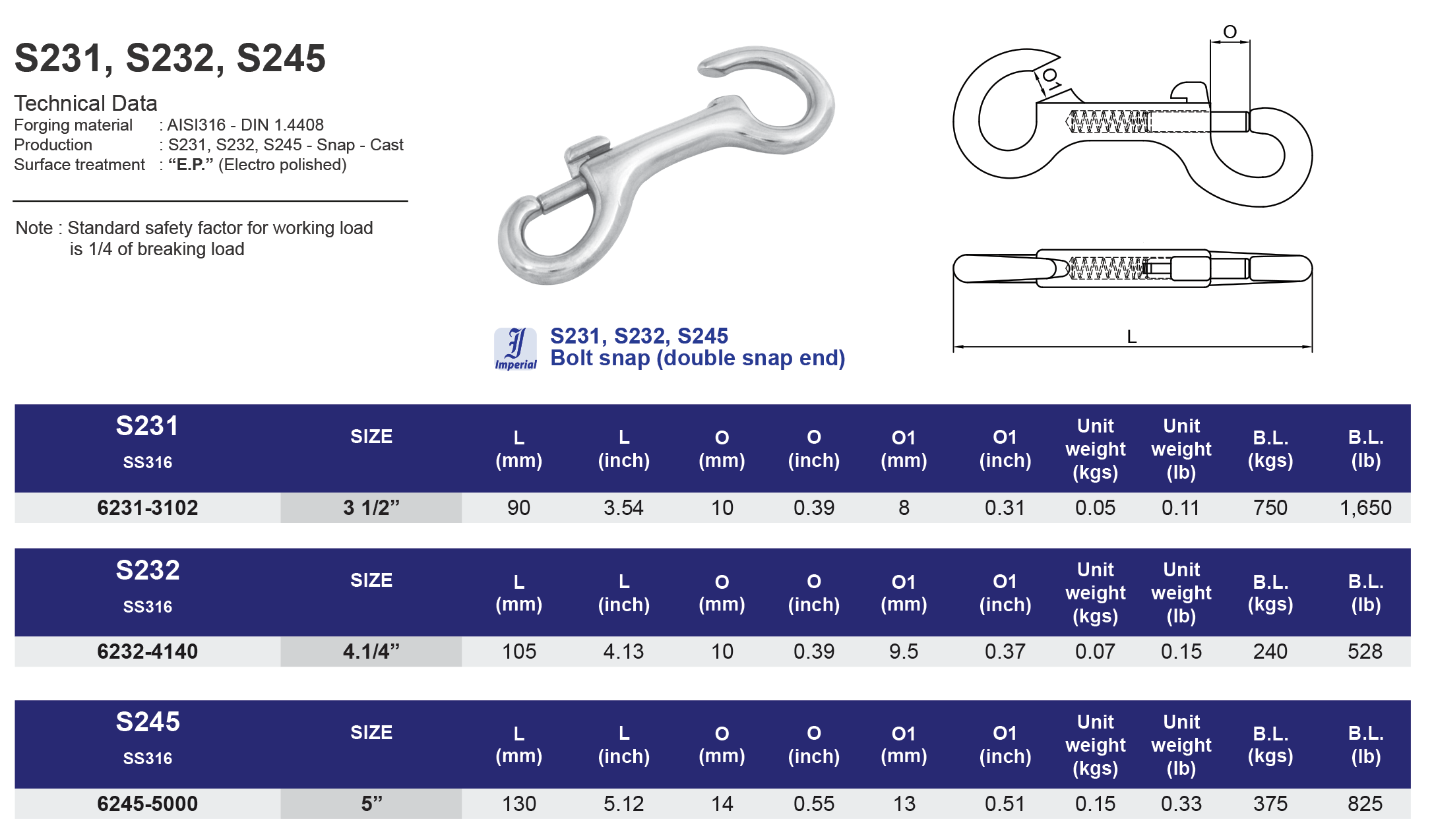 S231,S232,S245 Bolt Snap (hook end) - 316