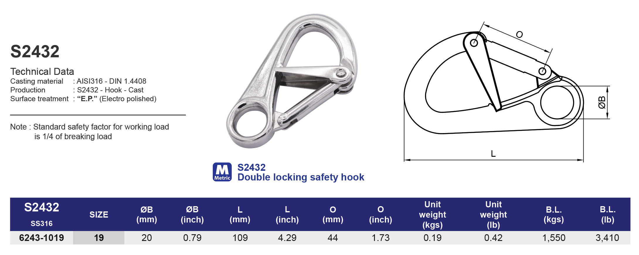 S2432 Double locking safety hook - 316