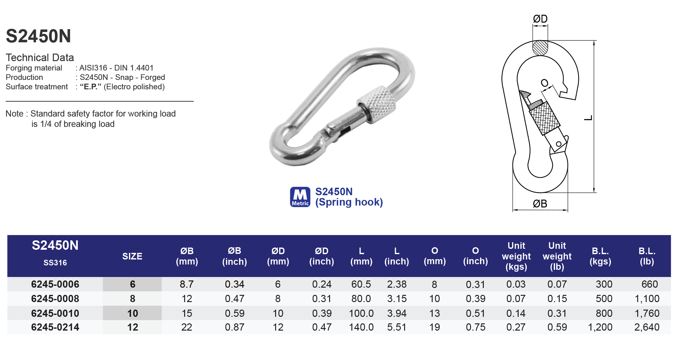 S2450N Spring hook - 316