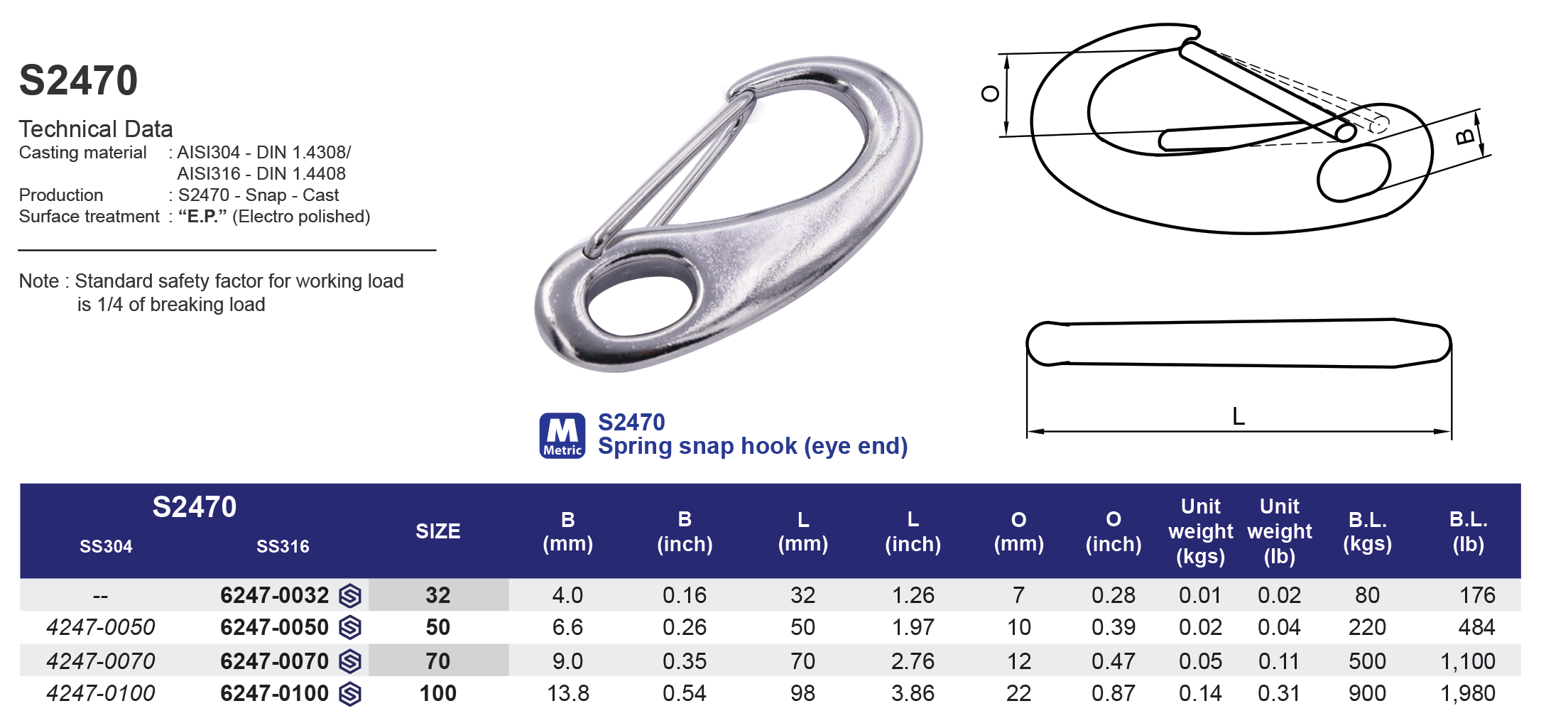 S2470 Spring snap hook (eye end) - 316