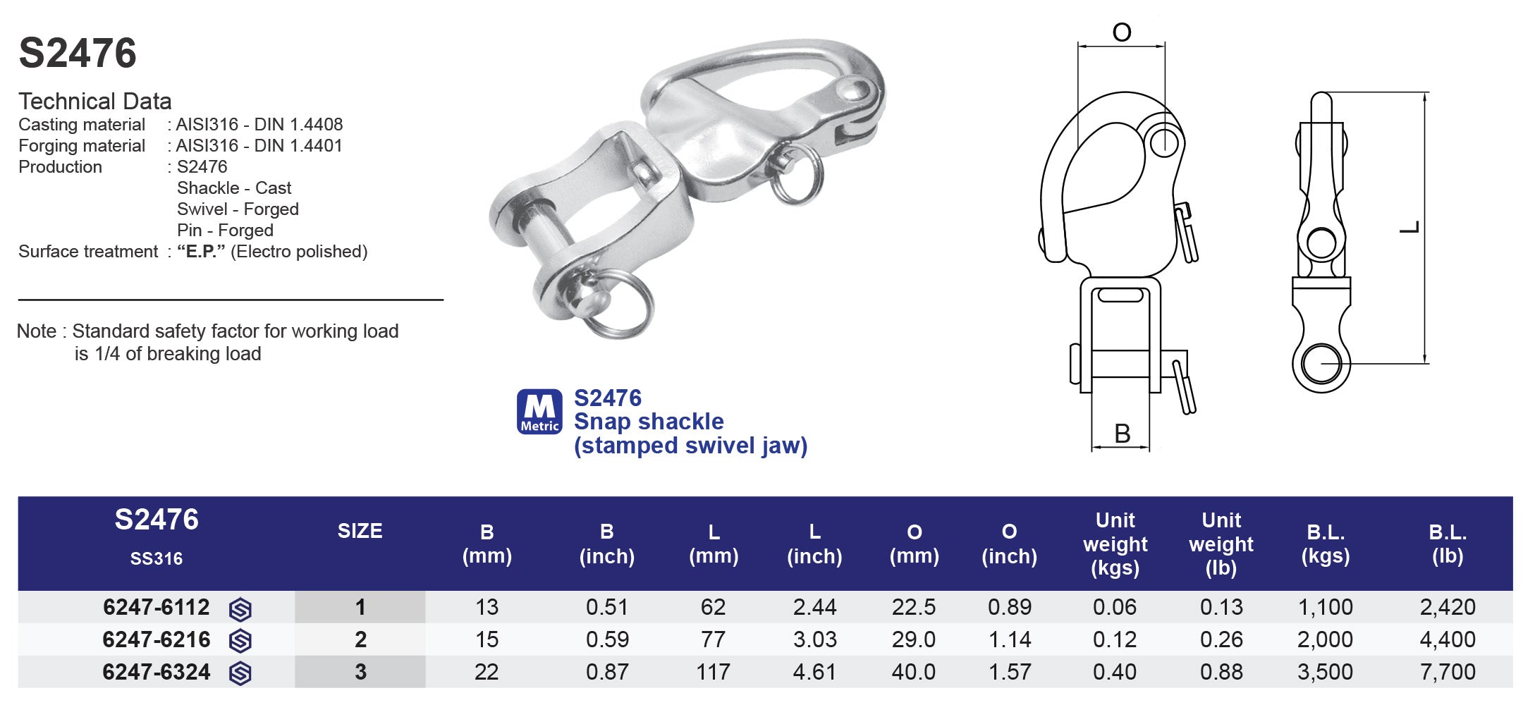 S2476 Snap shackle (stamped swivel jaw) - 316 (CLEARANCE SALE)