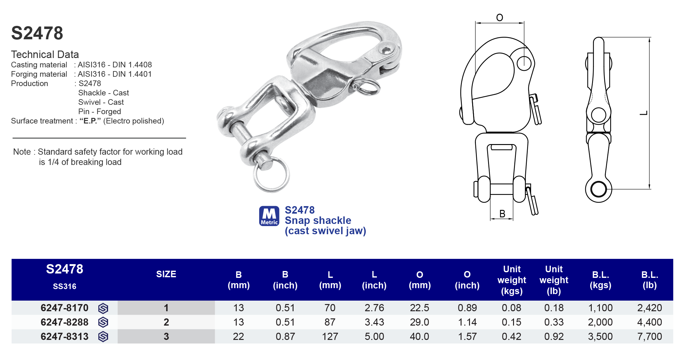 S2478 Snap shackle (cast swivel jaw) - 316