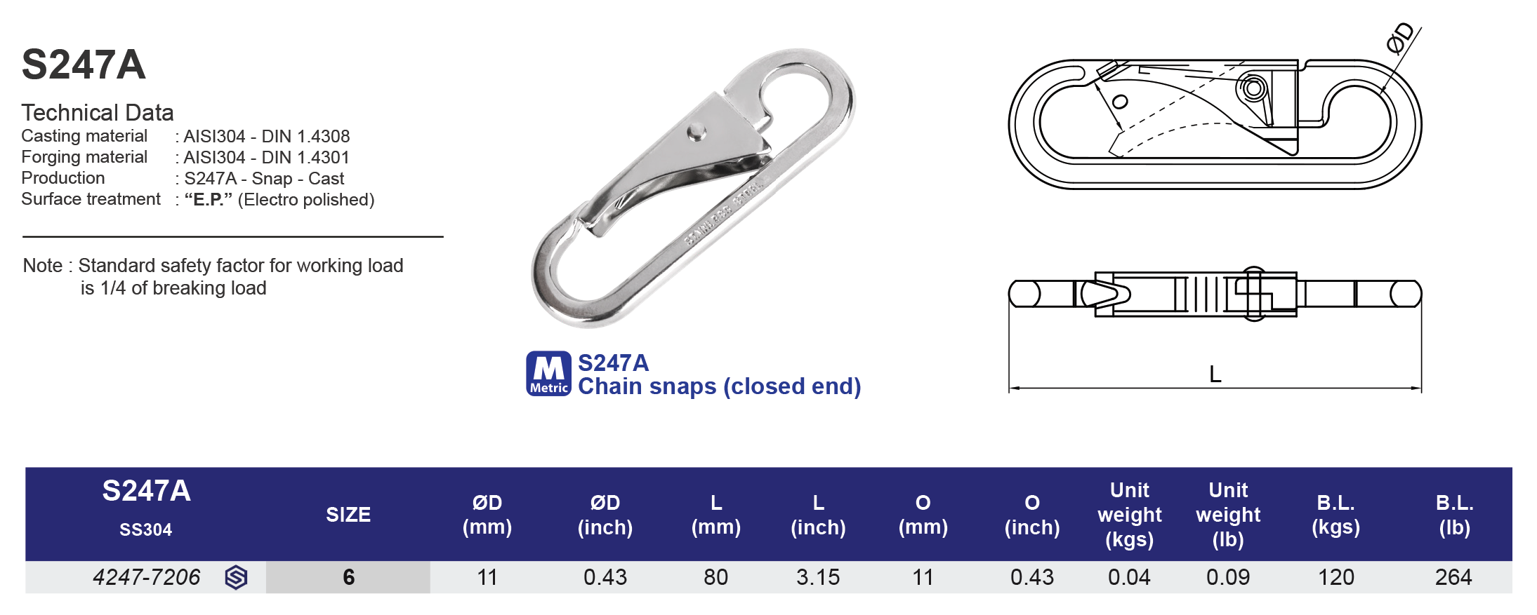 S247A Chain snaps (closed end) - 304