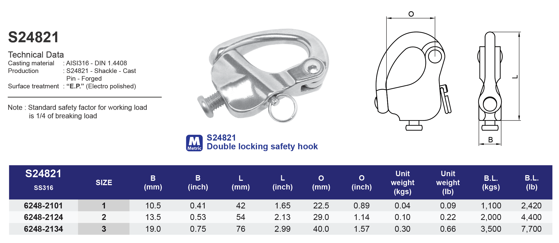 S24821 Double locking safety hook - 316