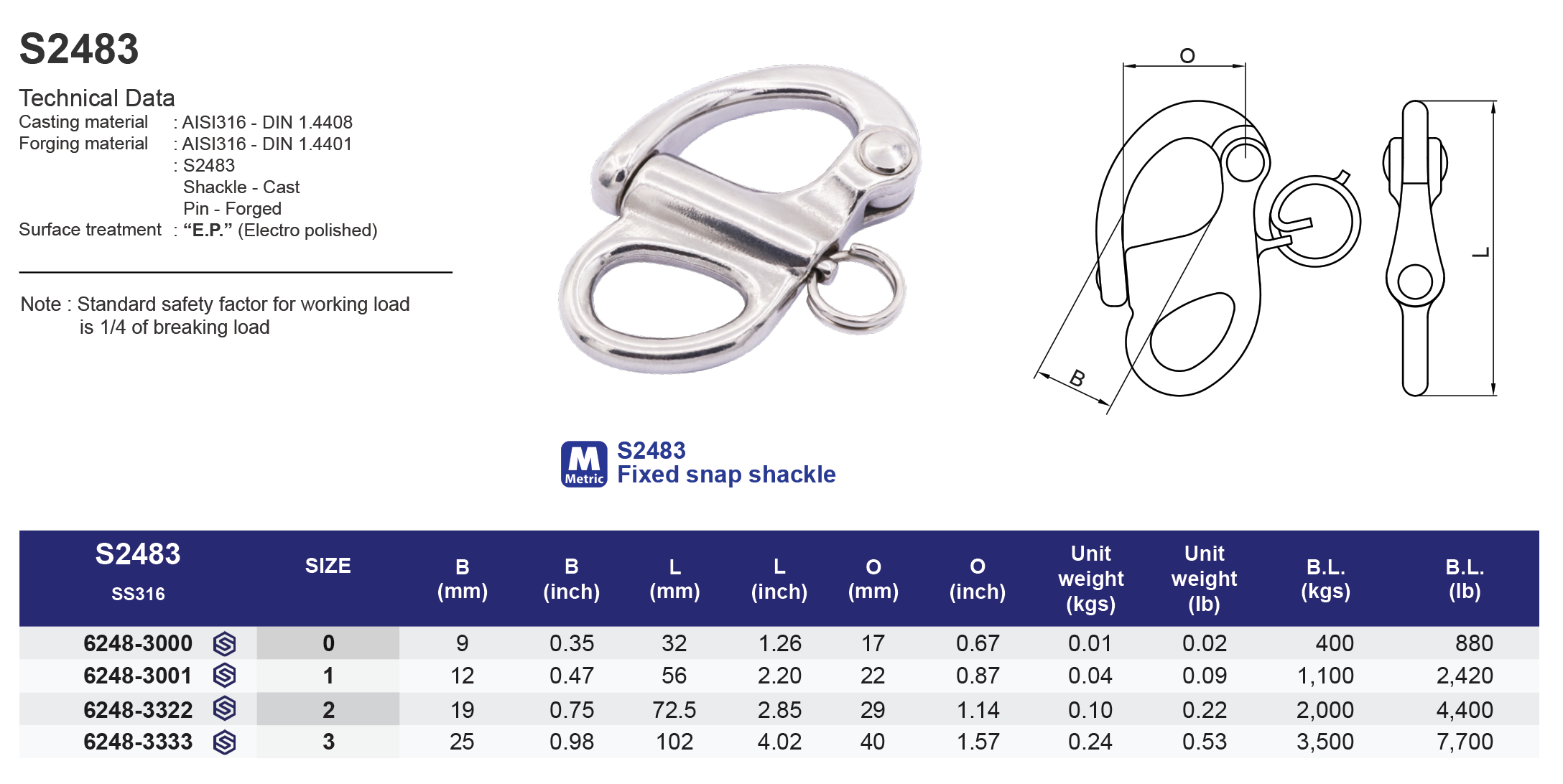 S2483 Fixed snap shackle - 316