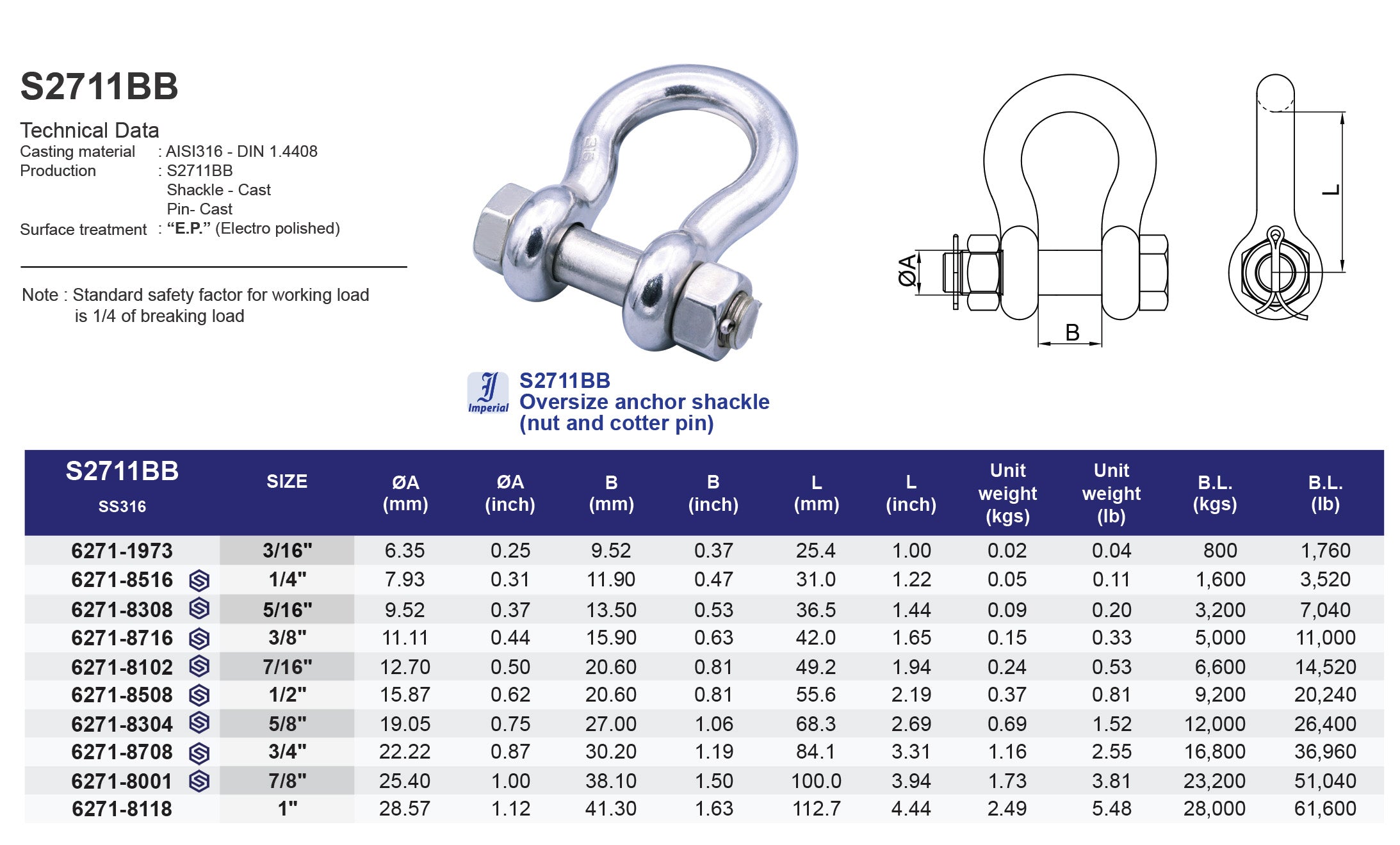 S2711BB Oversize anchor shackle (nut and cotter pin) - 316