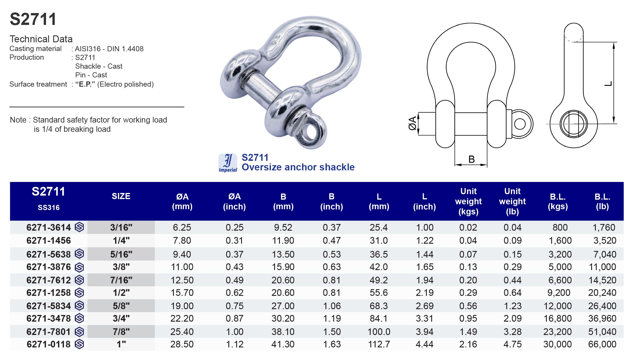 S2711 Oversize anchor shackle - 316 (CLEARANCE SALE)