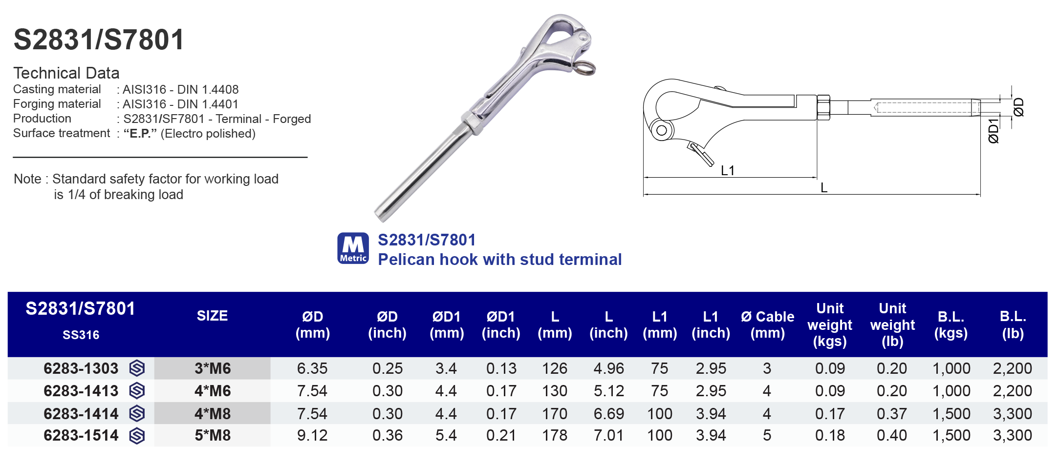 S2831/S7801 Pelican hook with stud terminal - 316