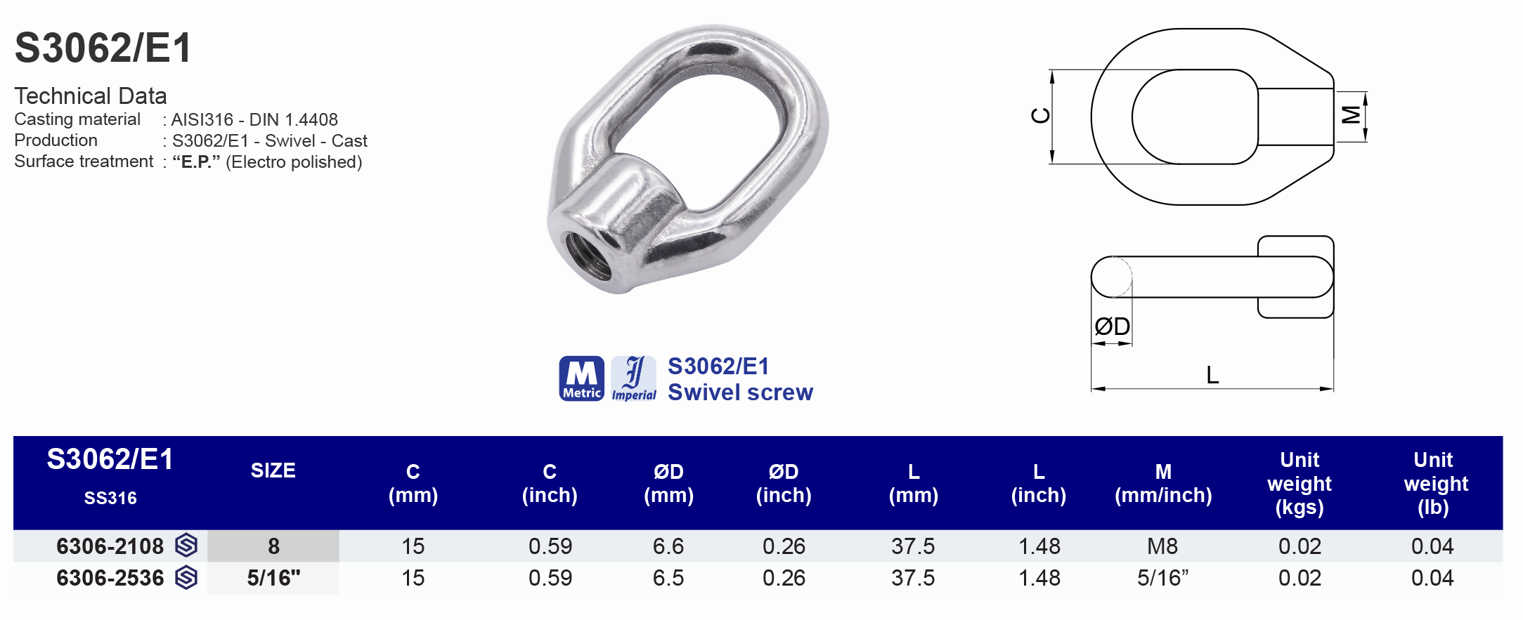 S3062/E1 Swivel screw - 316