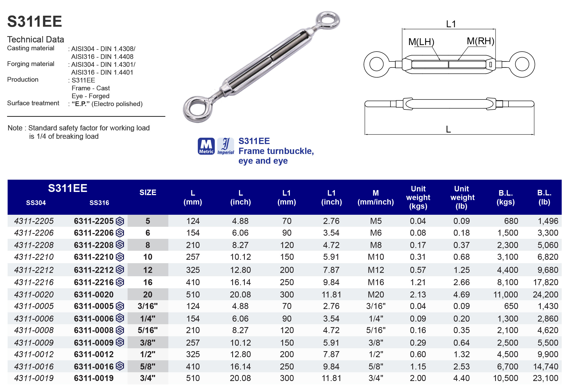 S311EE Frame turnbuckle eye and eye - 316 (CLEARANCE SALE)