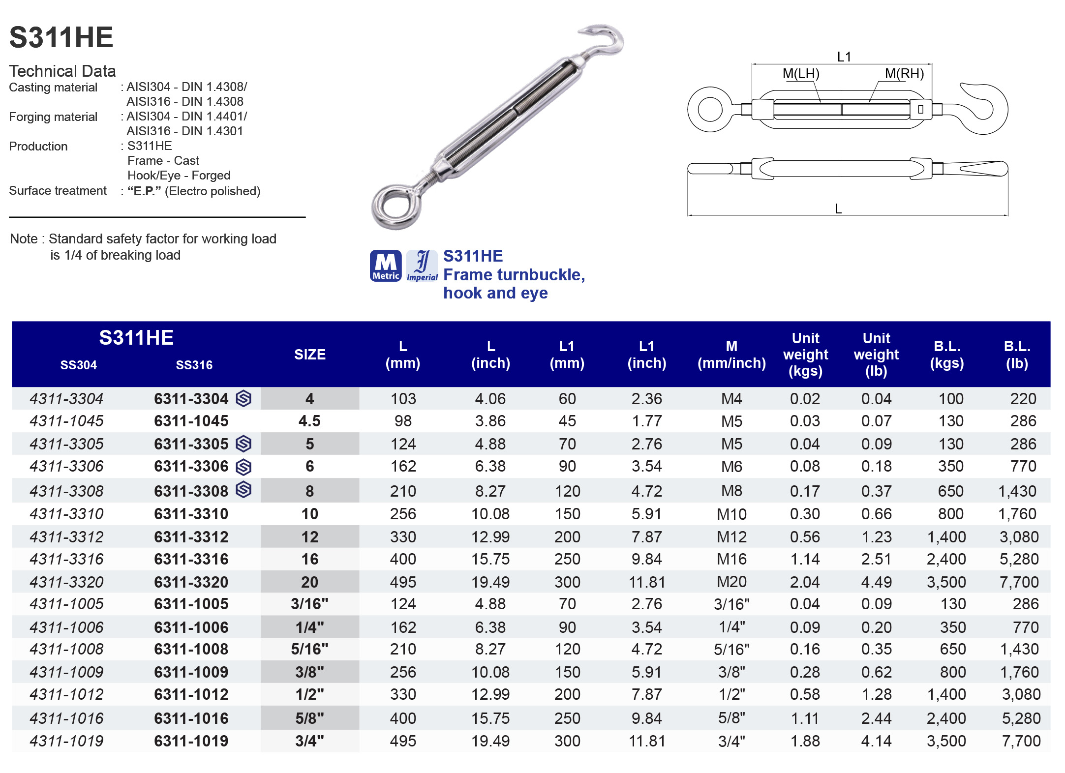 S311HE Frame turnbuckle hook and eye - 316
