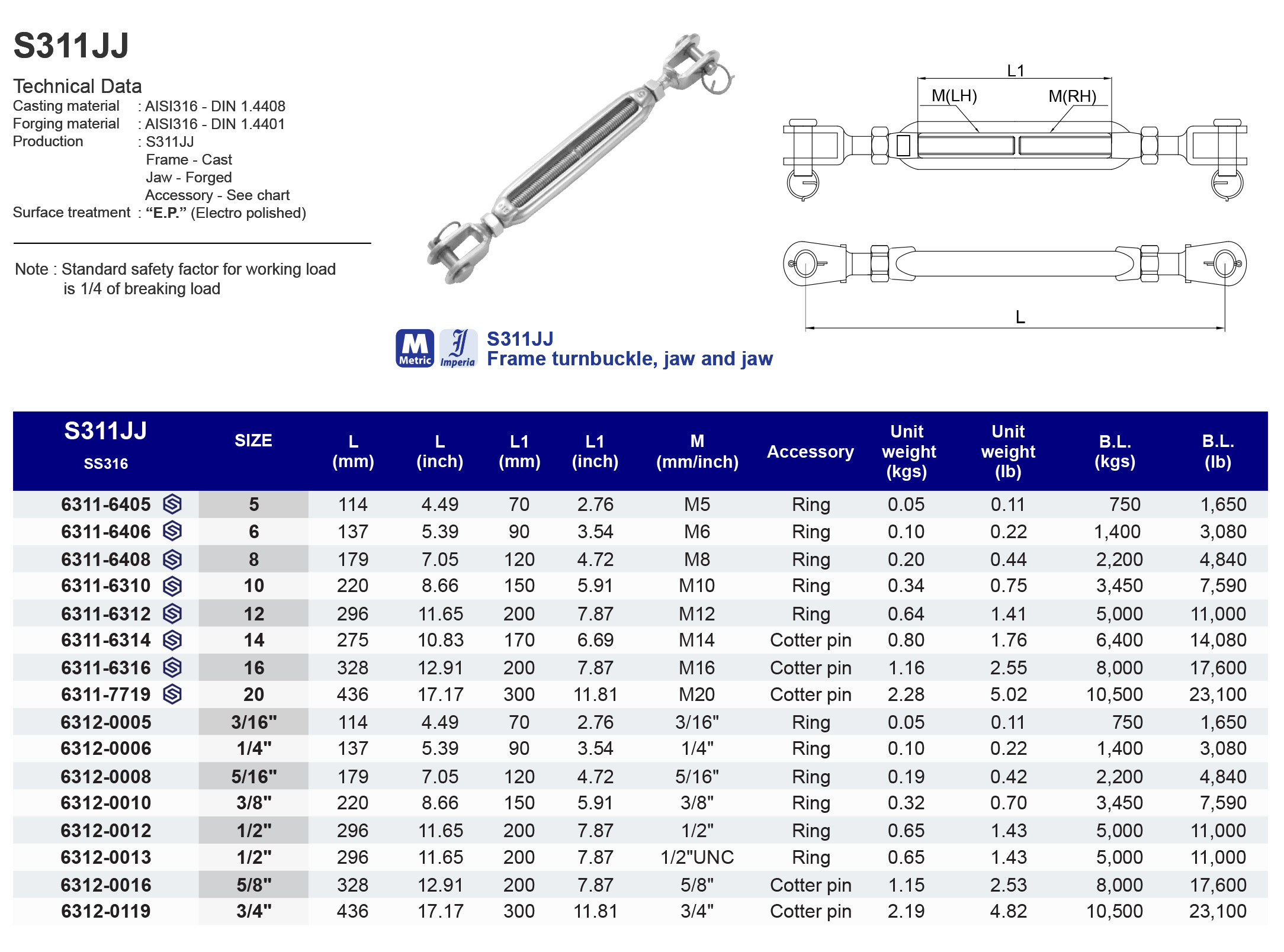 S311JJ Frame turnbuckle, jaw and jaw - 316