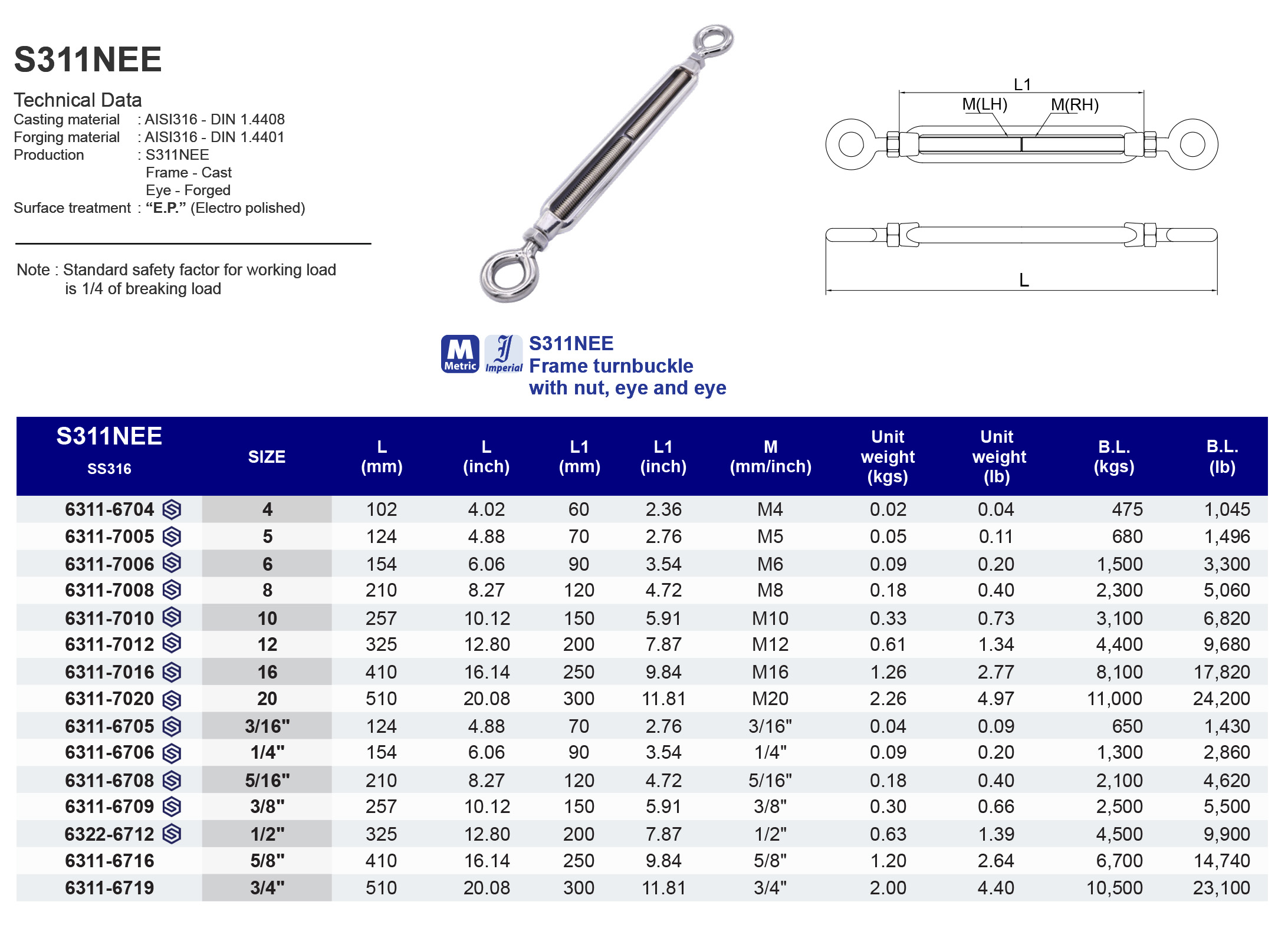 S311NEE Frame turnbuckle with nut eye and eye - 316