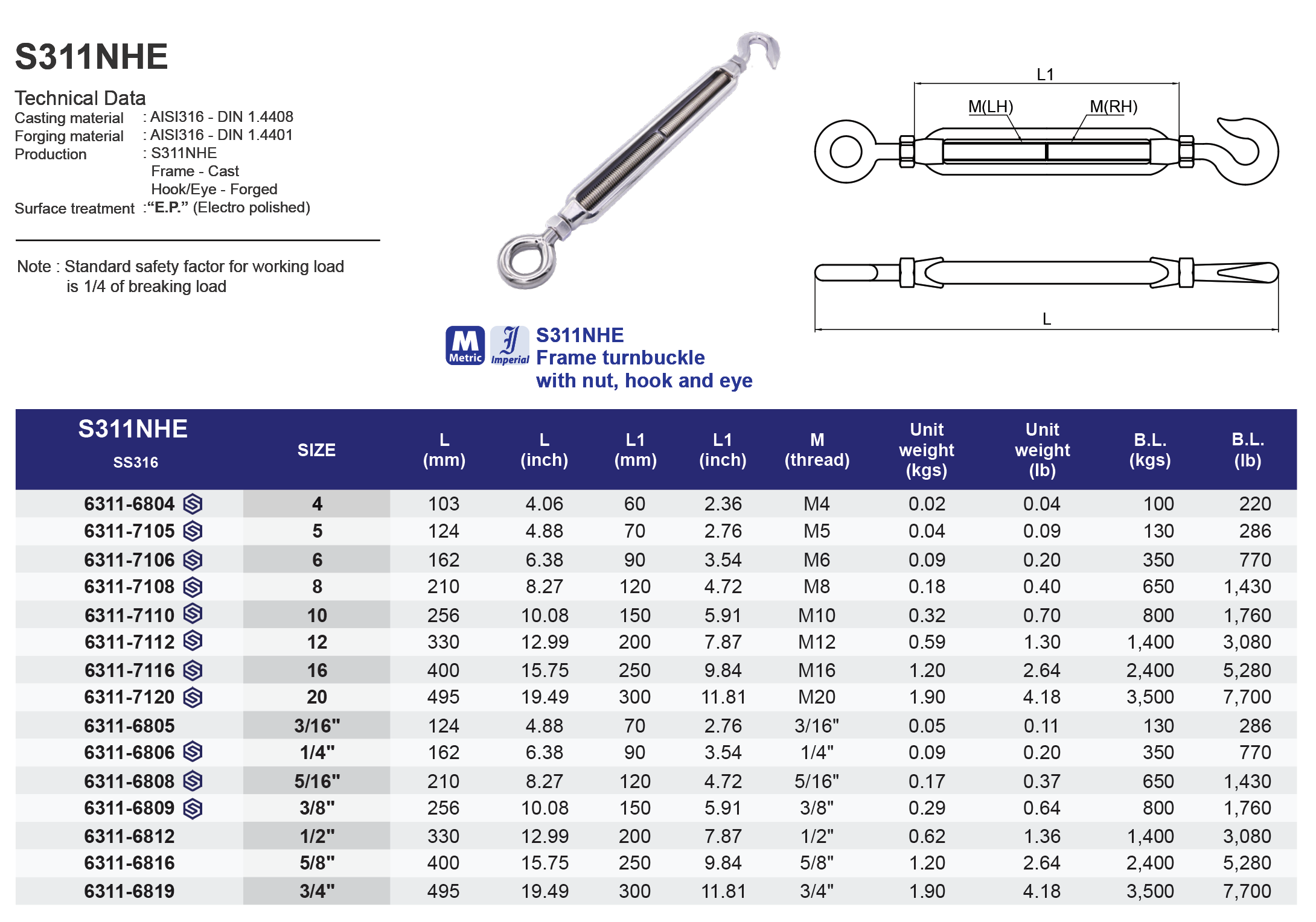 S311NHE Frame turnbuckle with nut hook and eye -316