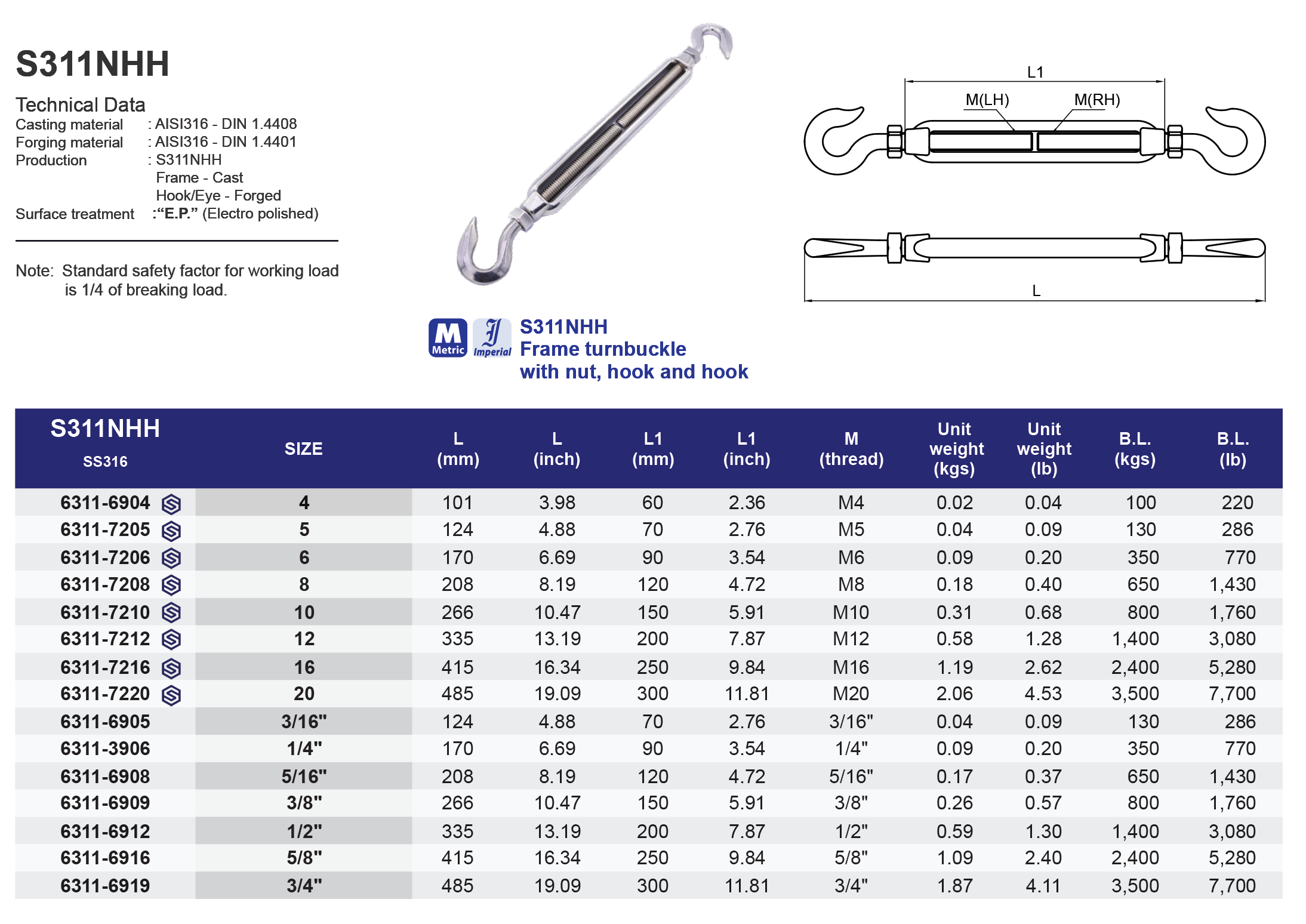 S311NHH Frame turnbuckle with nut hook and hook - 316
