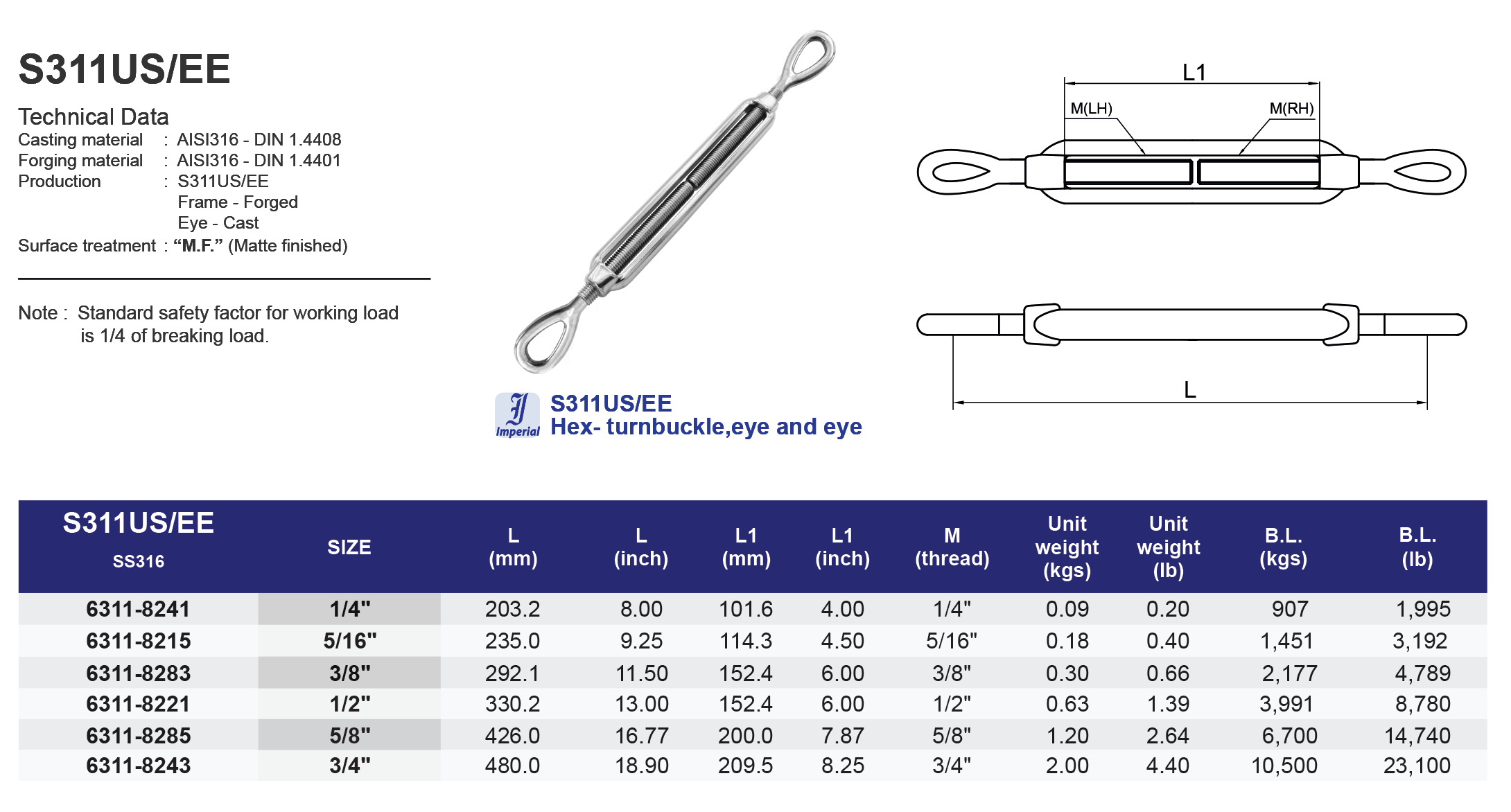 S311US/EE Hex- turnbuckle ,eye and eye - 316