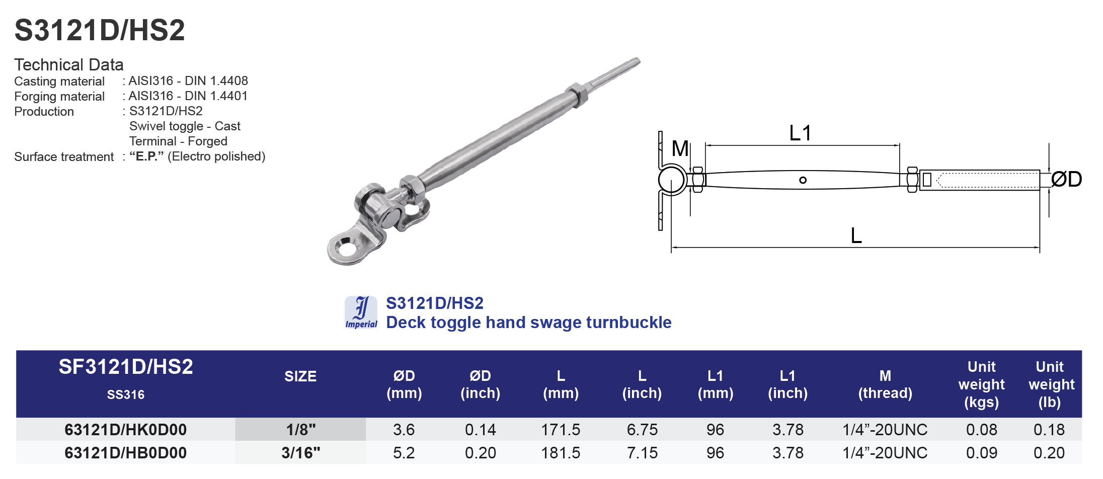 S3121D/HS2 Deck toggle hand swage turnbuckle