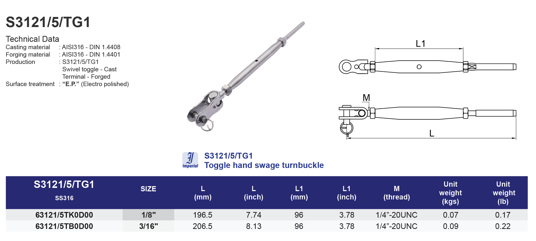 S3121/5/TG1 Toggle hand swage turnbuckle