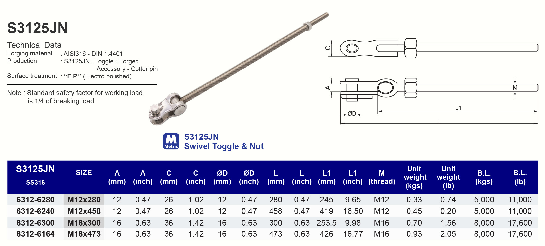 S3125JN Swivel Toggle & Nut (316)