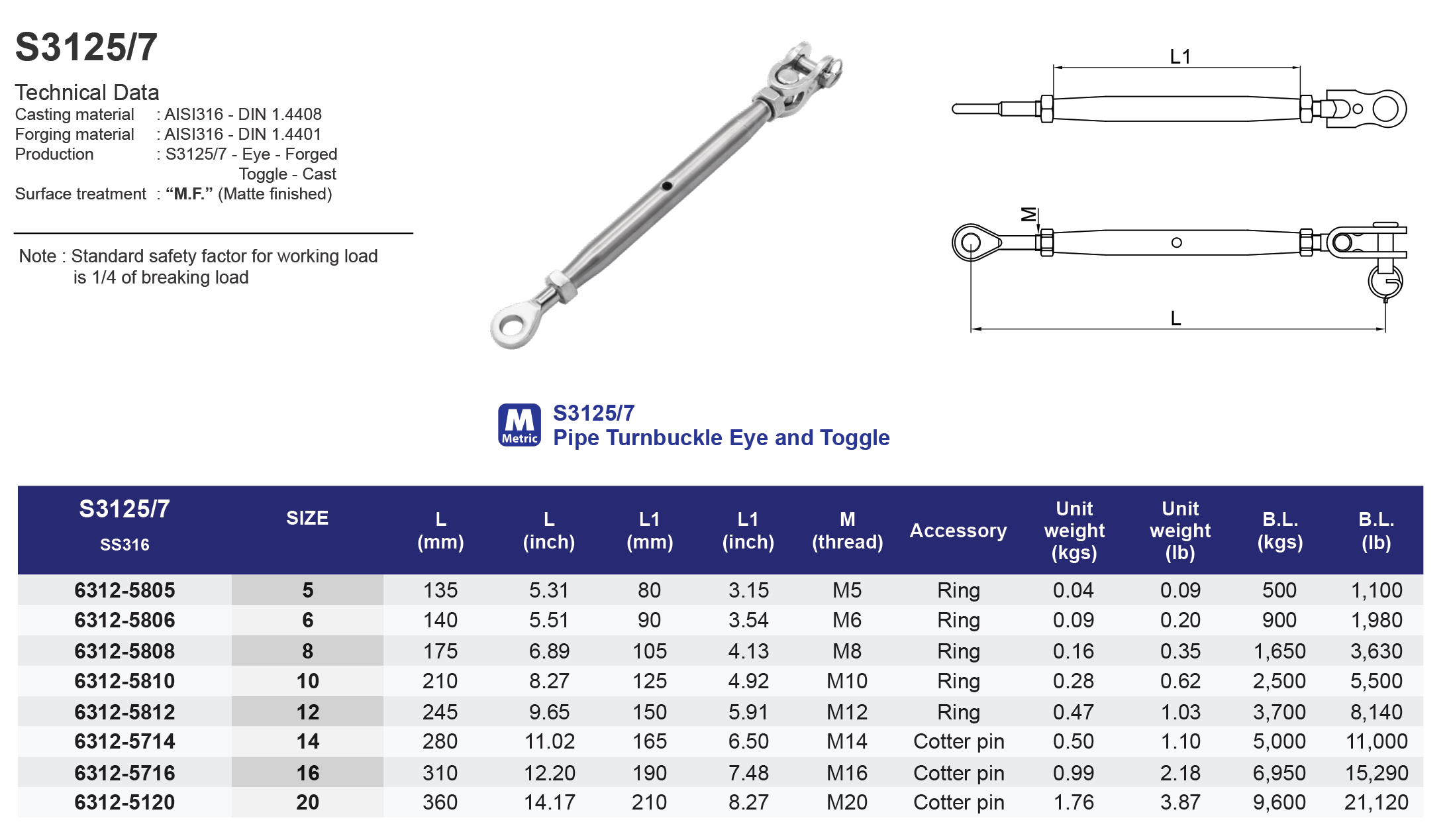 S3125-7 Pipe Turnbuckle Eye and Toggle