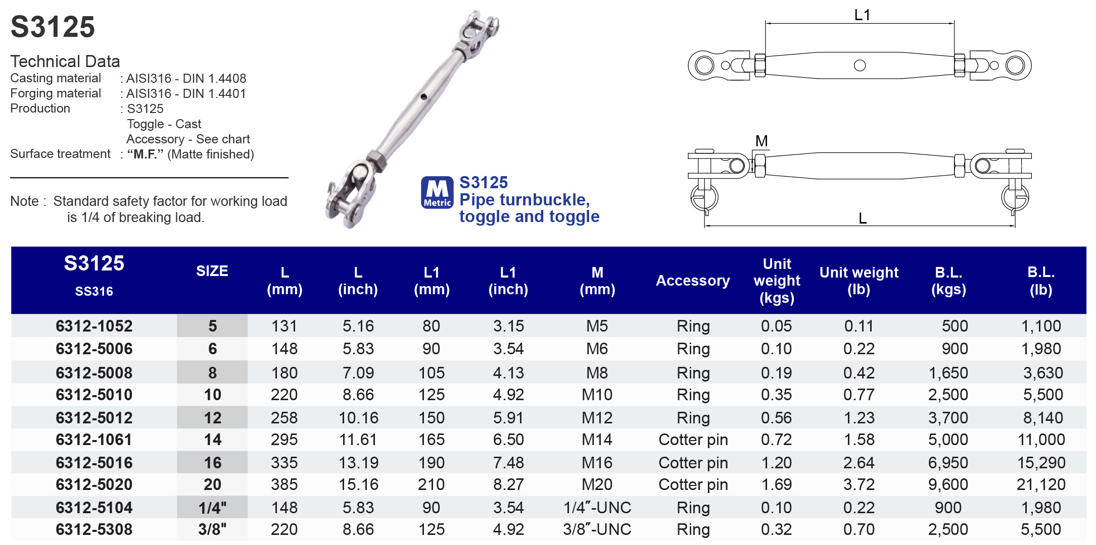 S3125 Pipe turnbuckle, toggle and toggle - 316