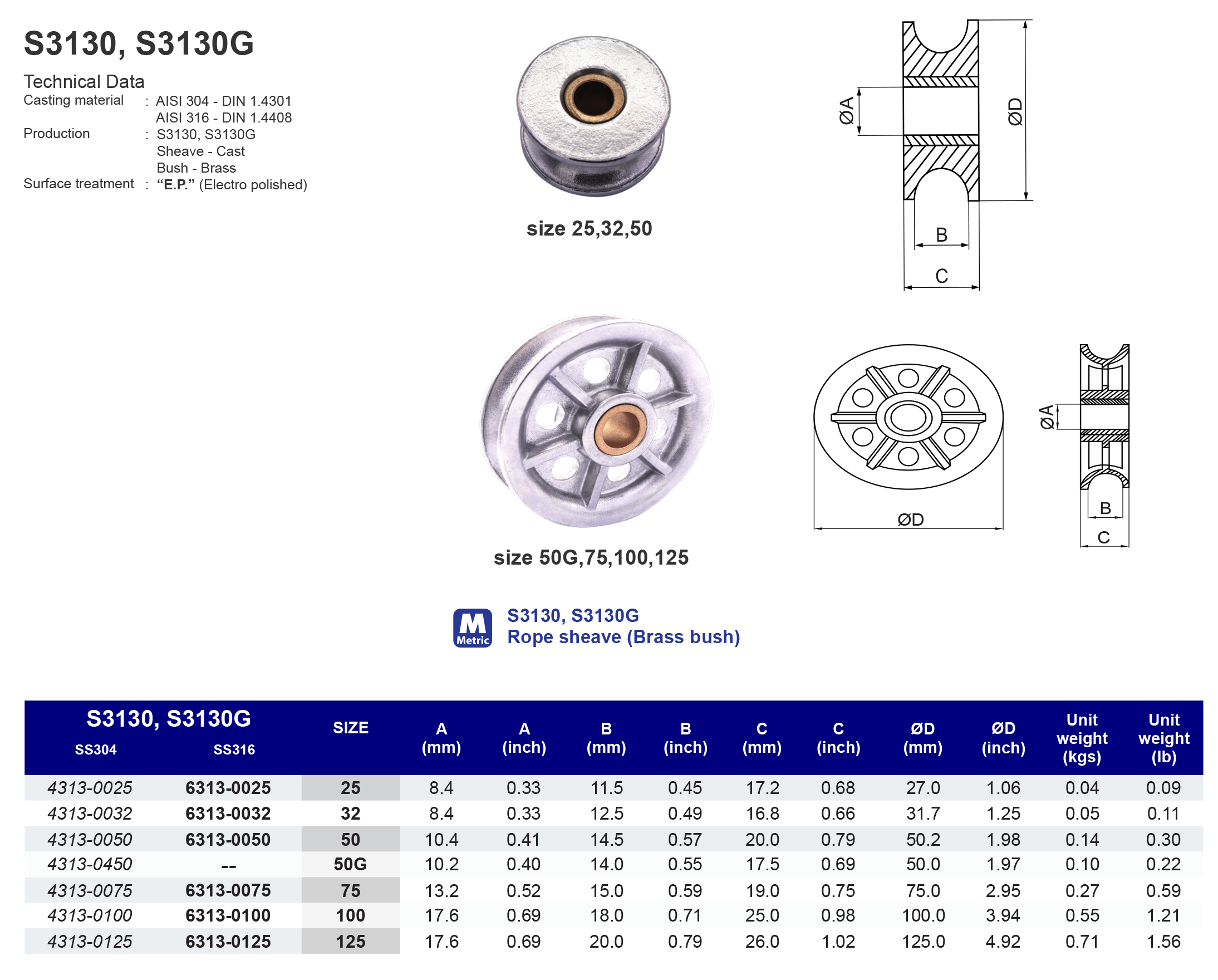 S3130, S3130G - Rope sheave (Brass bush) 304