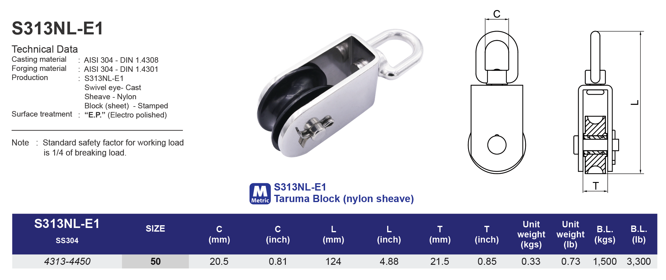 S313NL-E1 Taruma Block (nylon sheave)