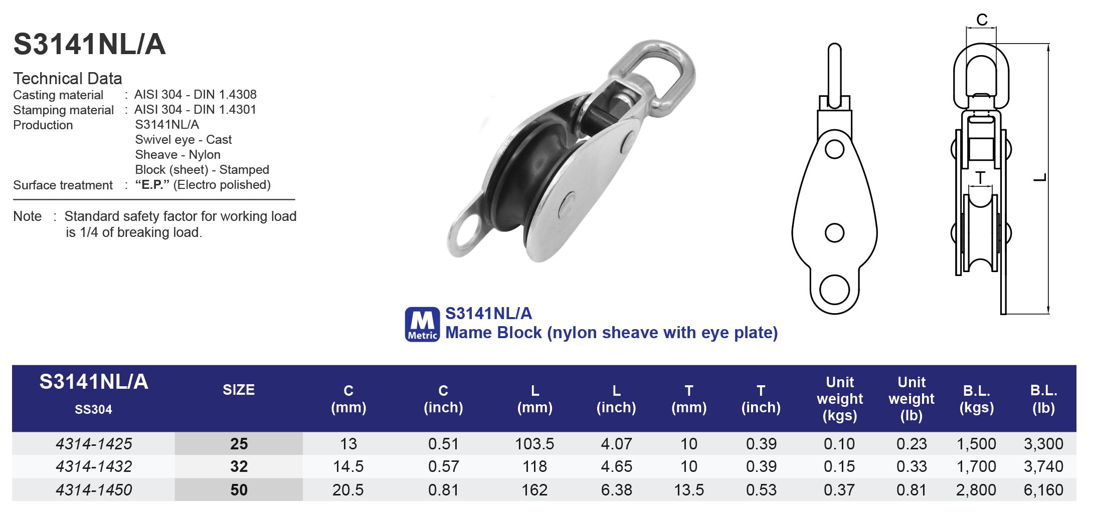 S3141NL/A Mame Block (nylon sheave with eye plate)