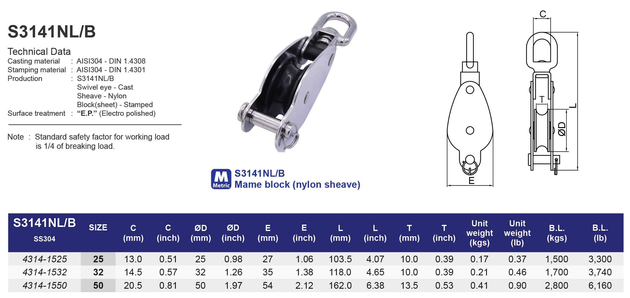 S3141NL/B Mame-block (nylon sheave) - 304 (CLEARANCE SALE)