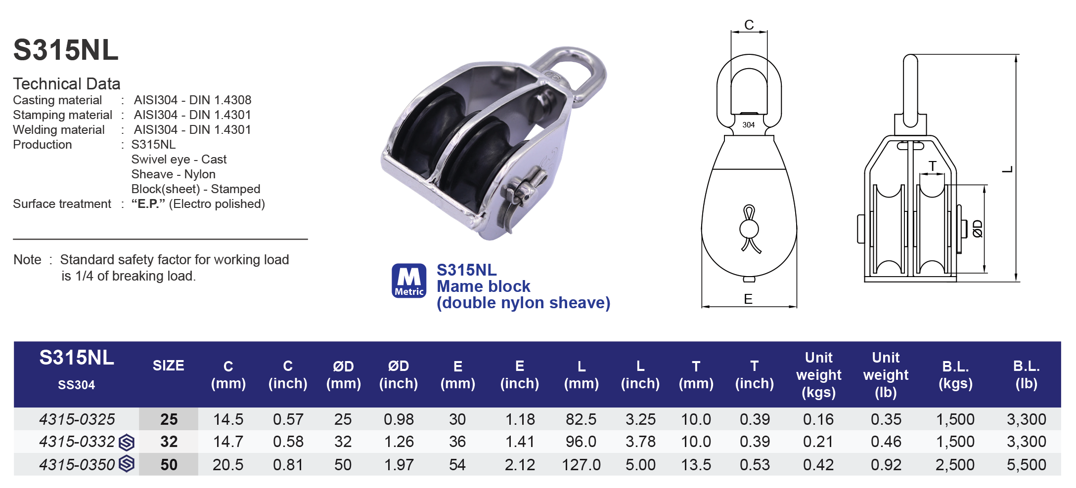 S315NL Mame block (double nylon sheave) - 304