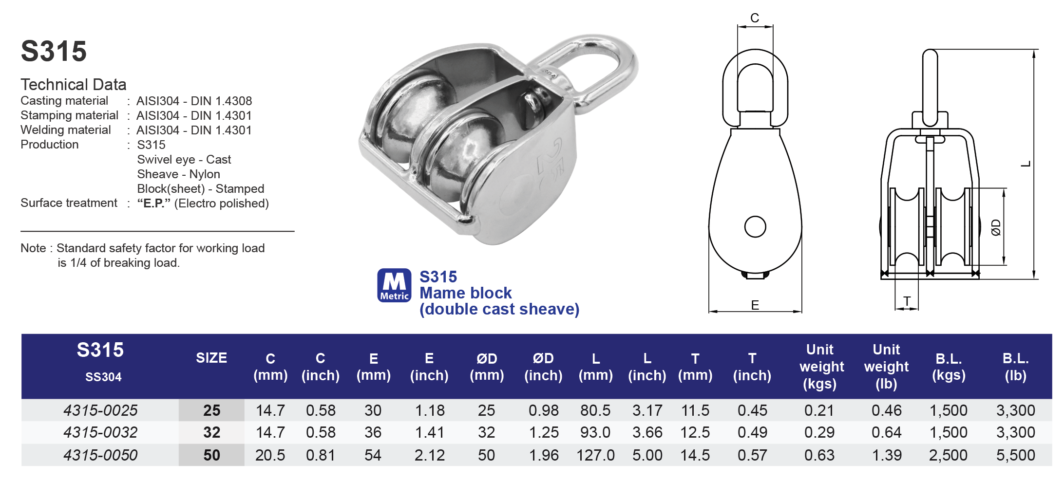 S315 Mame block (double cast sheave) - 304 (CLEARANCE SALE)