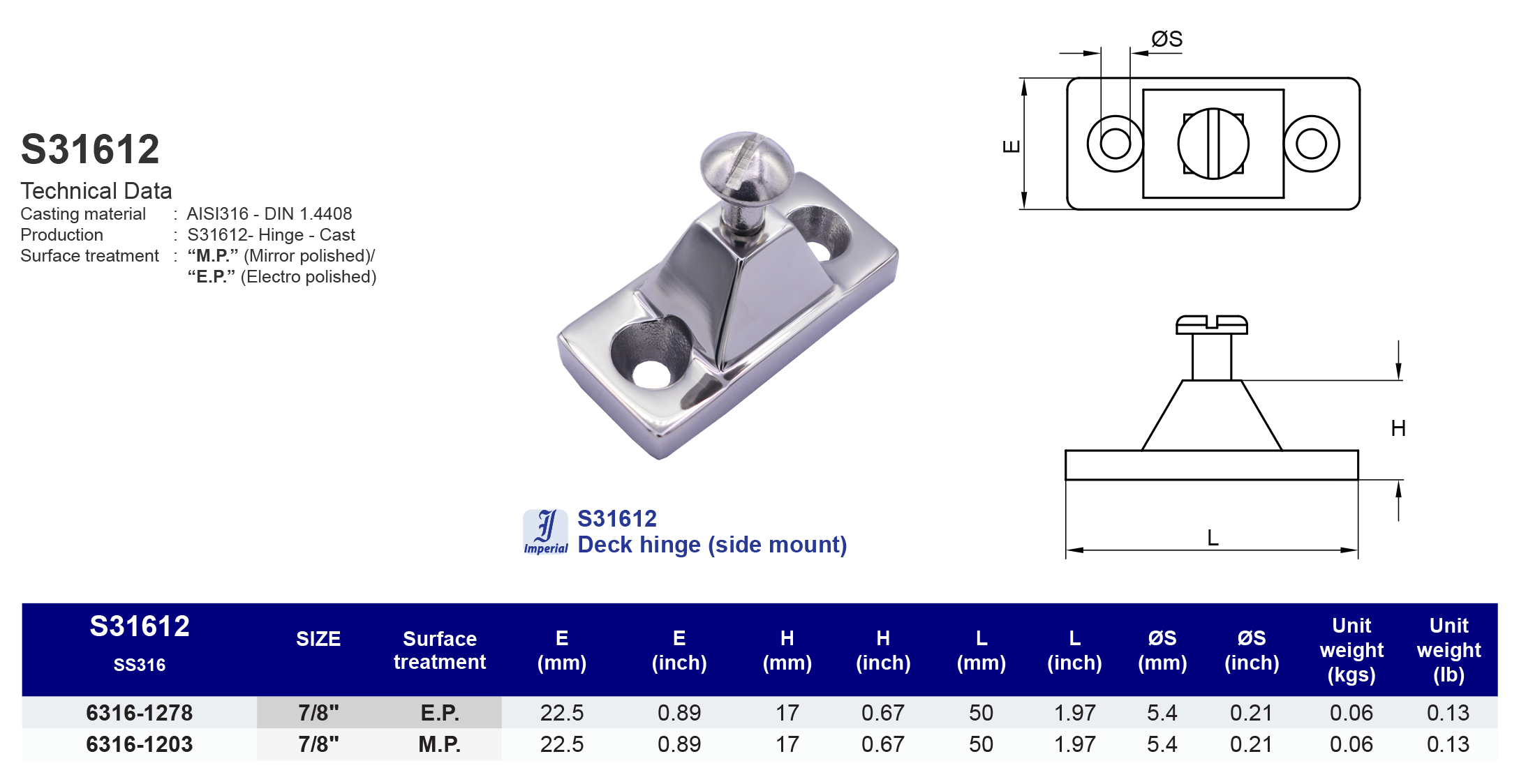 S31612 Deck hinge (side mount) - 316