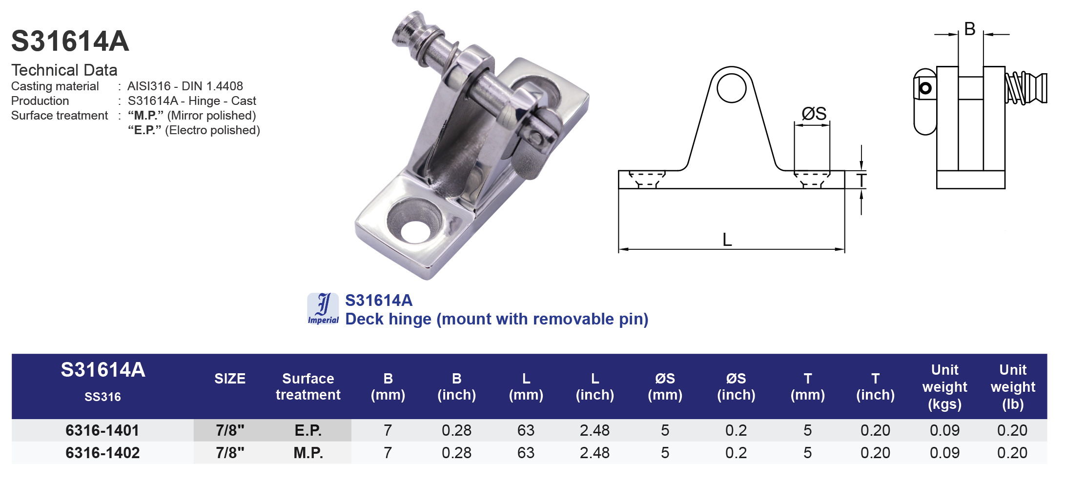 S31614A Deck hinge (mount with removable pin) - 316