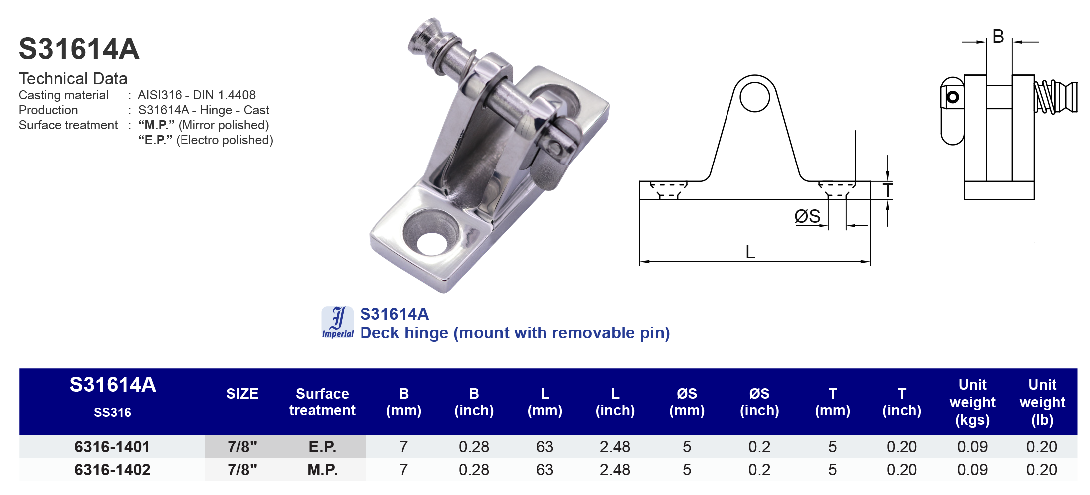 S31614A Deck hinge (mount with removable pin) - 316 (CLEARANCE SALE)