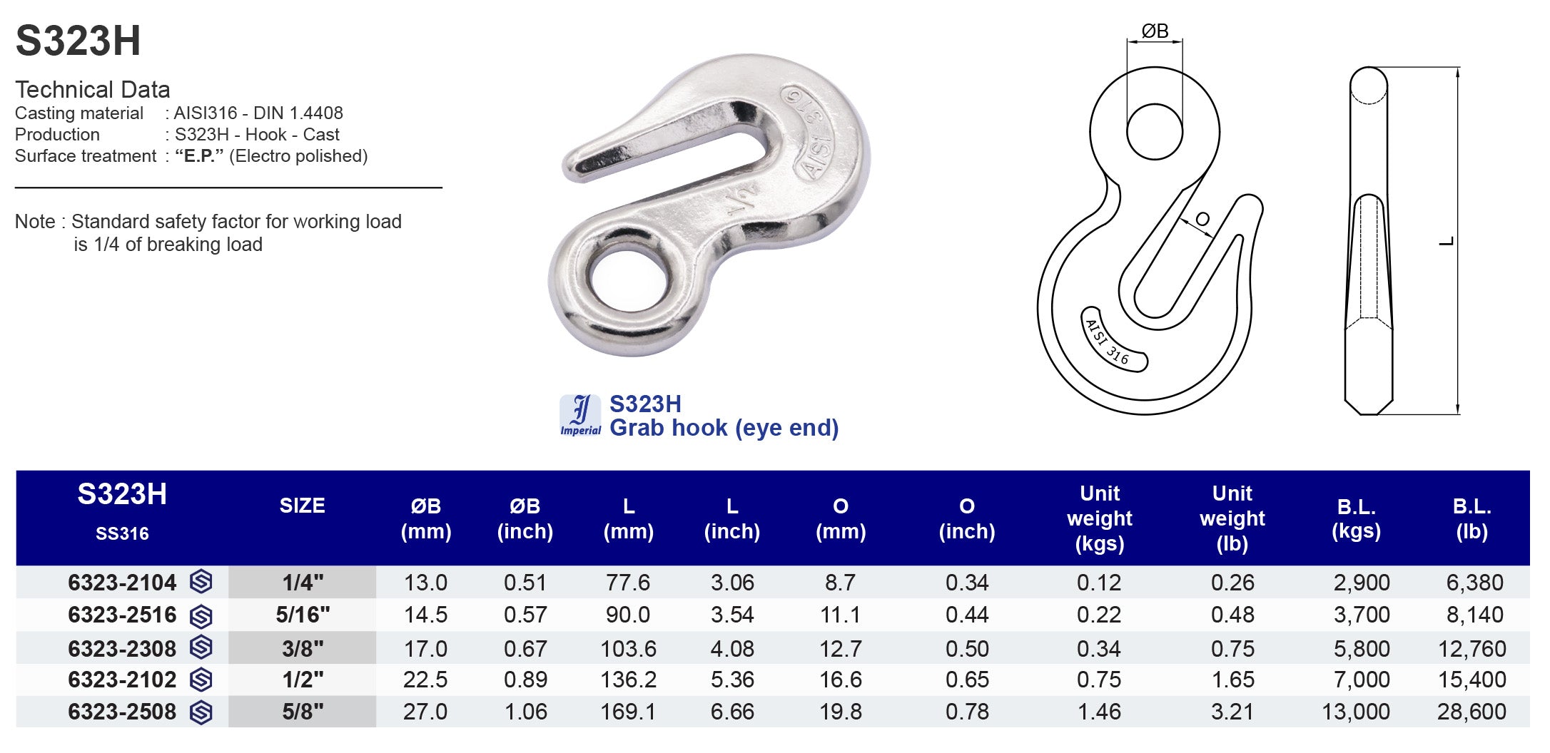 S323H Grab hook (eye end) - 316 (CLEARANCE SALE)