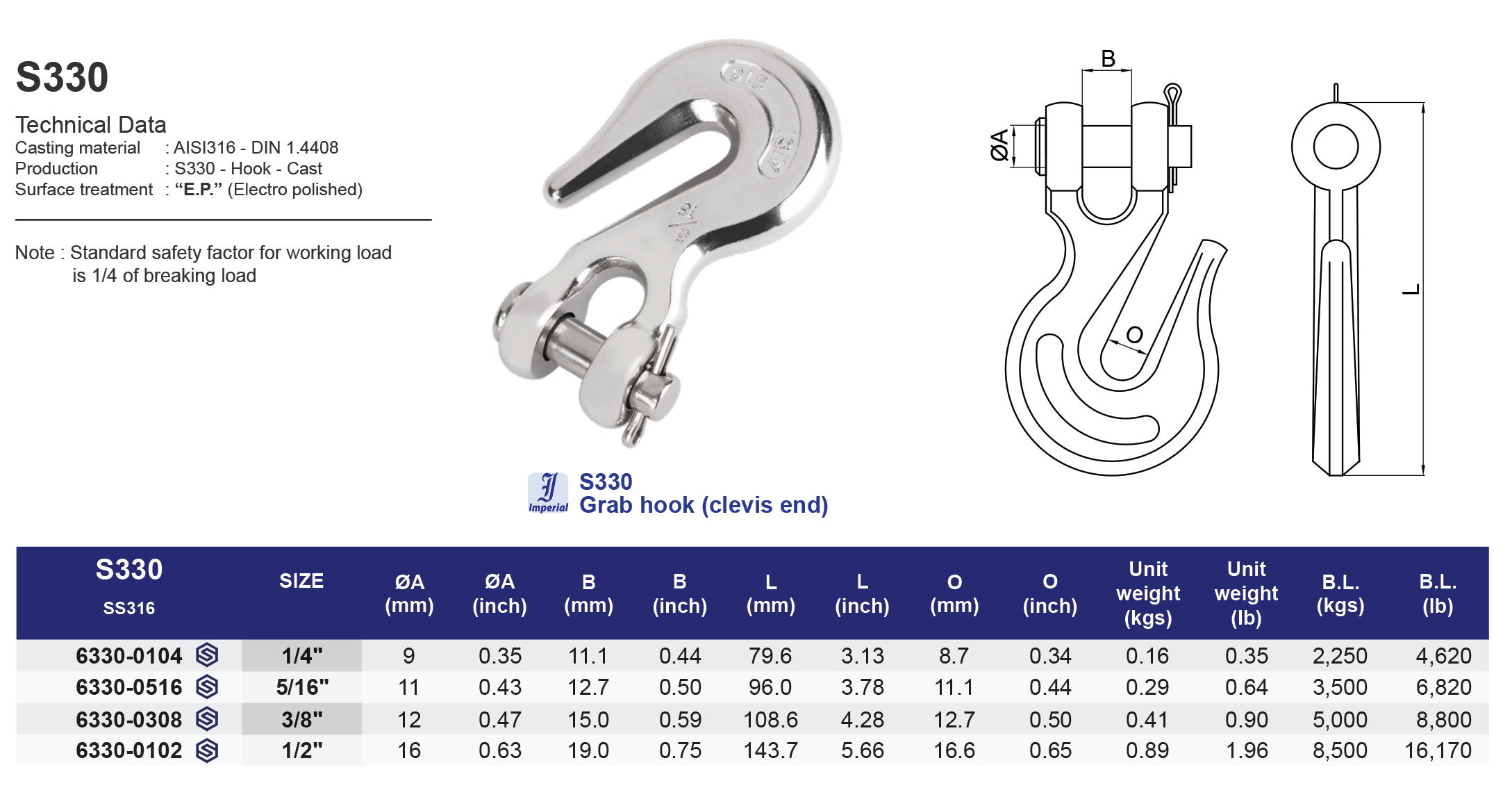 S330 Grab hook (clevis end) - 316