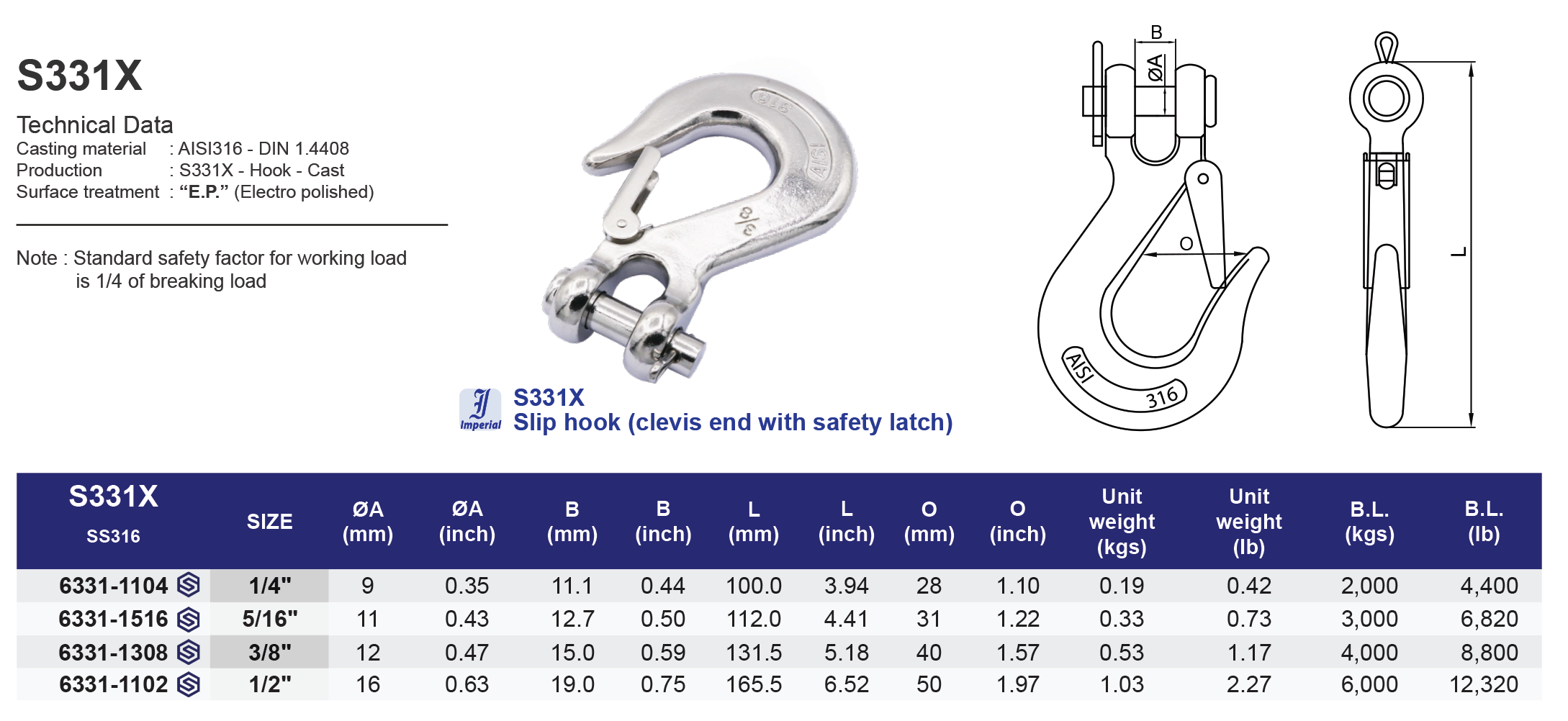 S331X Slip hook (clevis end with safety latch) - 316