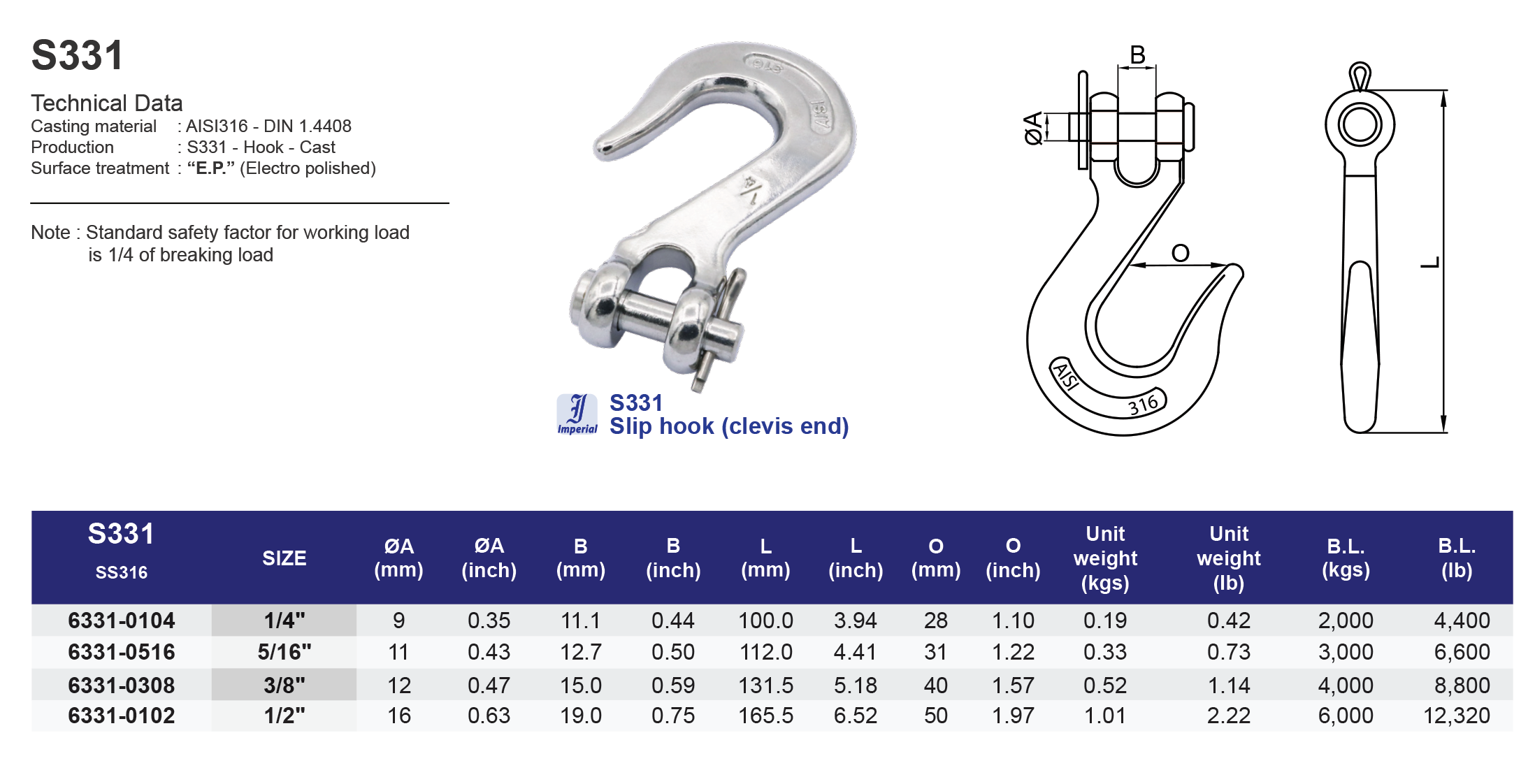 S331 Slip hook (clevis end) - 316