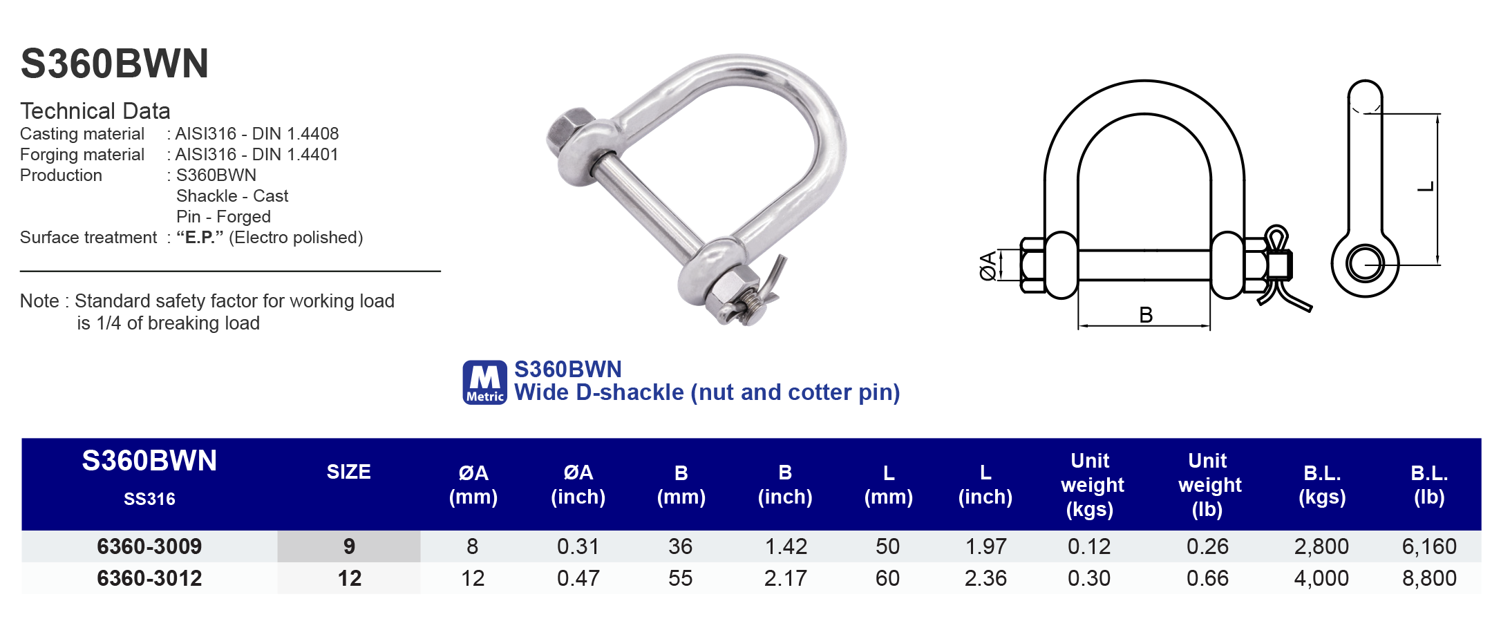 S360BWN Wide D-shackle (nut and cotter pin) - 316