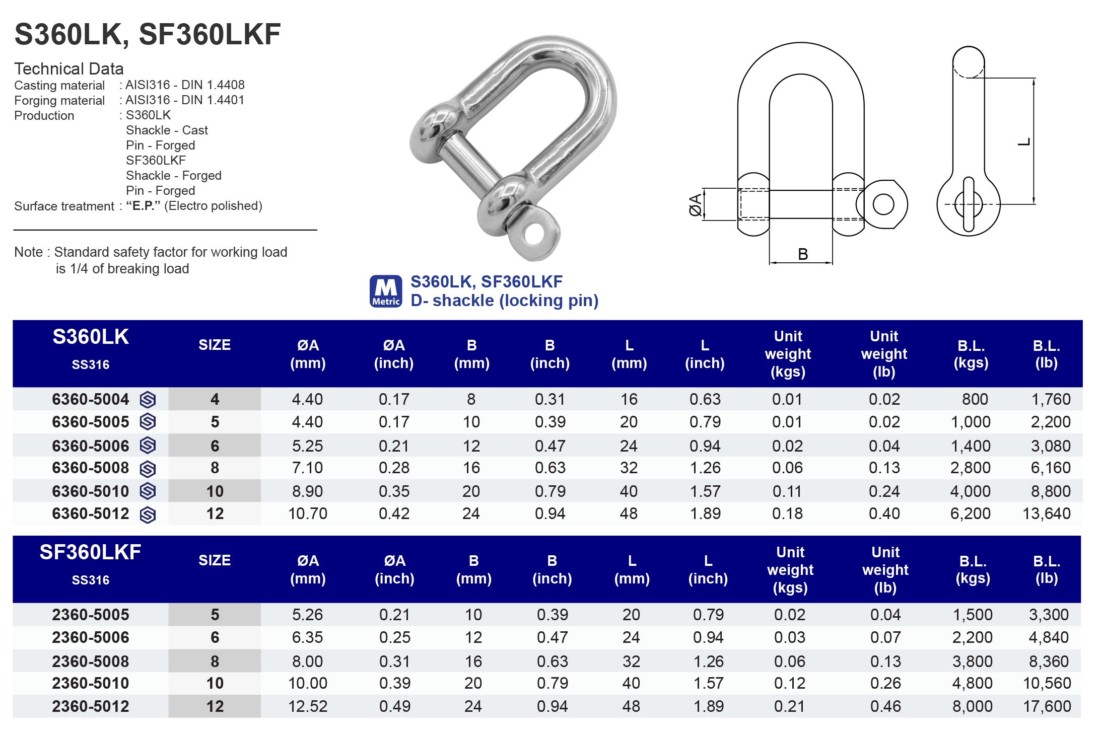 S360LK D-shackle (locking pin) -316