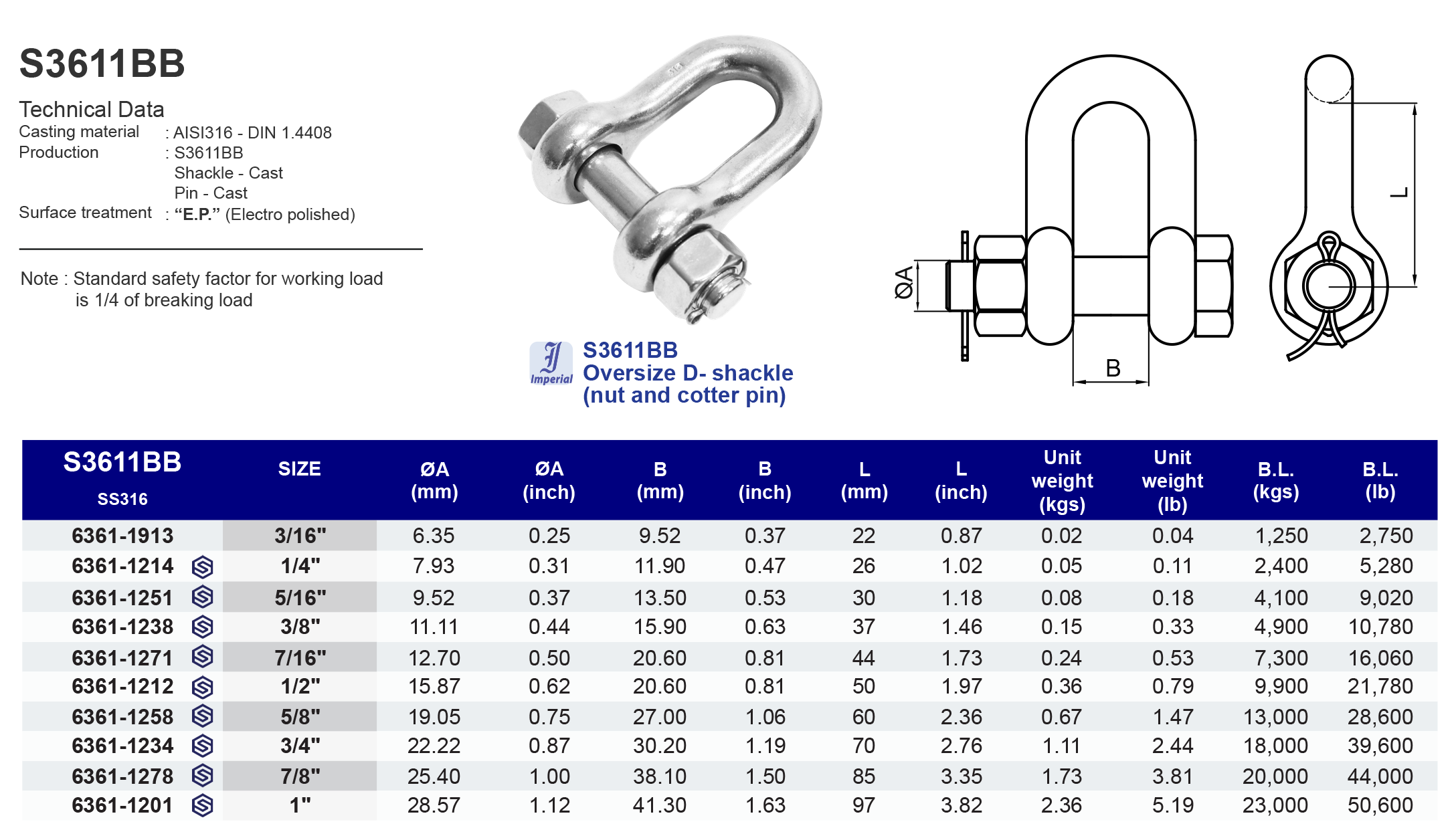 S3611BB Oversize D-shackle (nut and cotter pin)