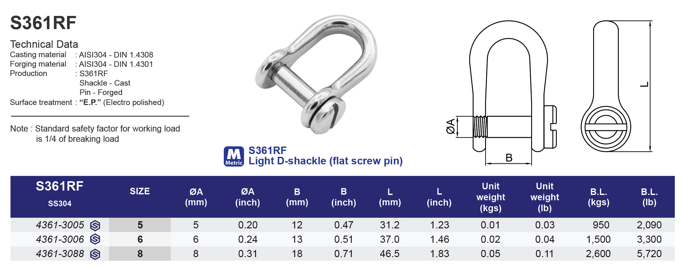 S361RF Light D-shackle (flat screw pin) - 304