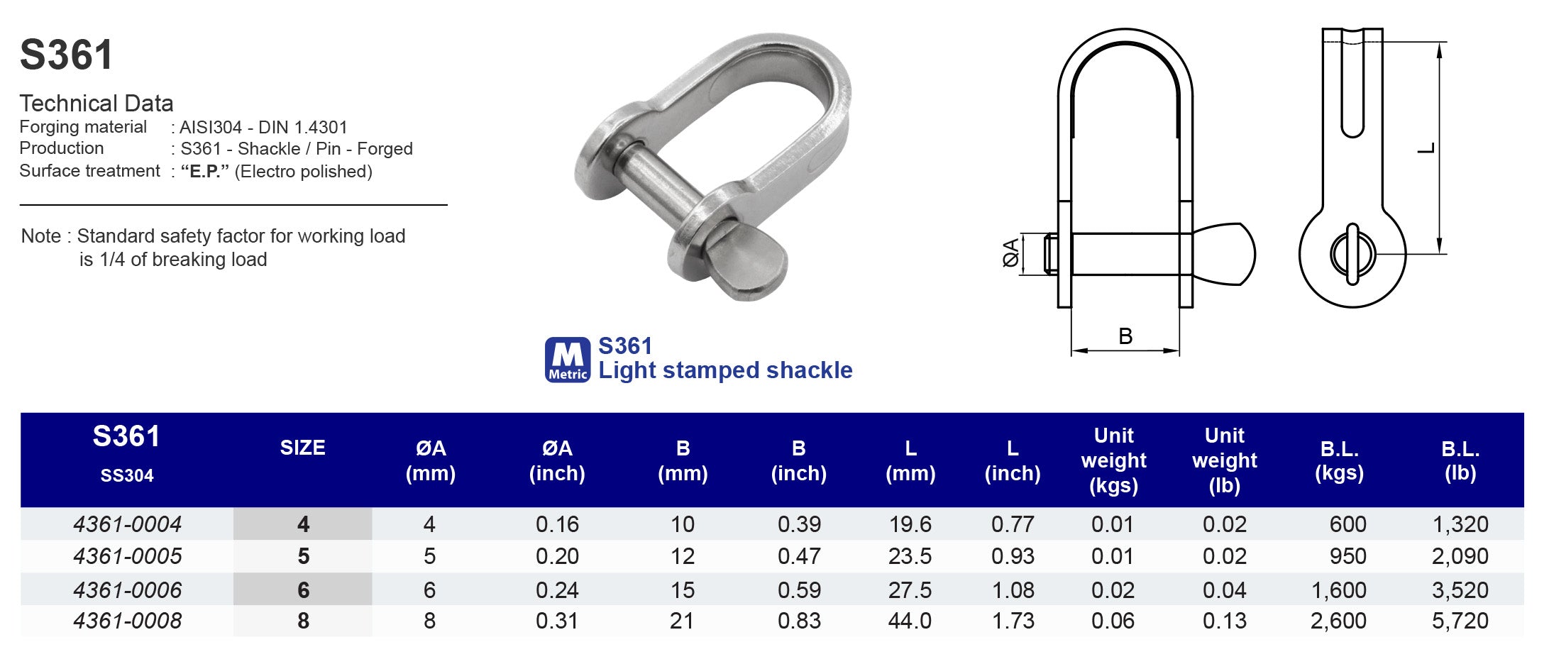 S361 Light stamped shackle - 304