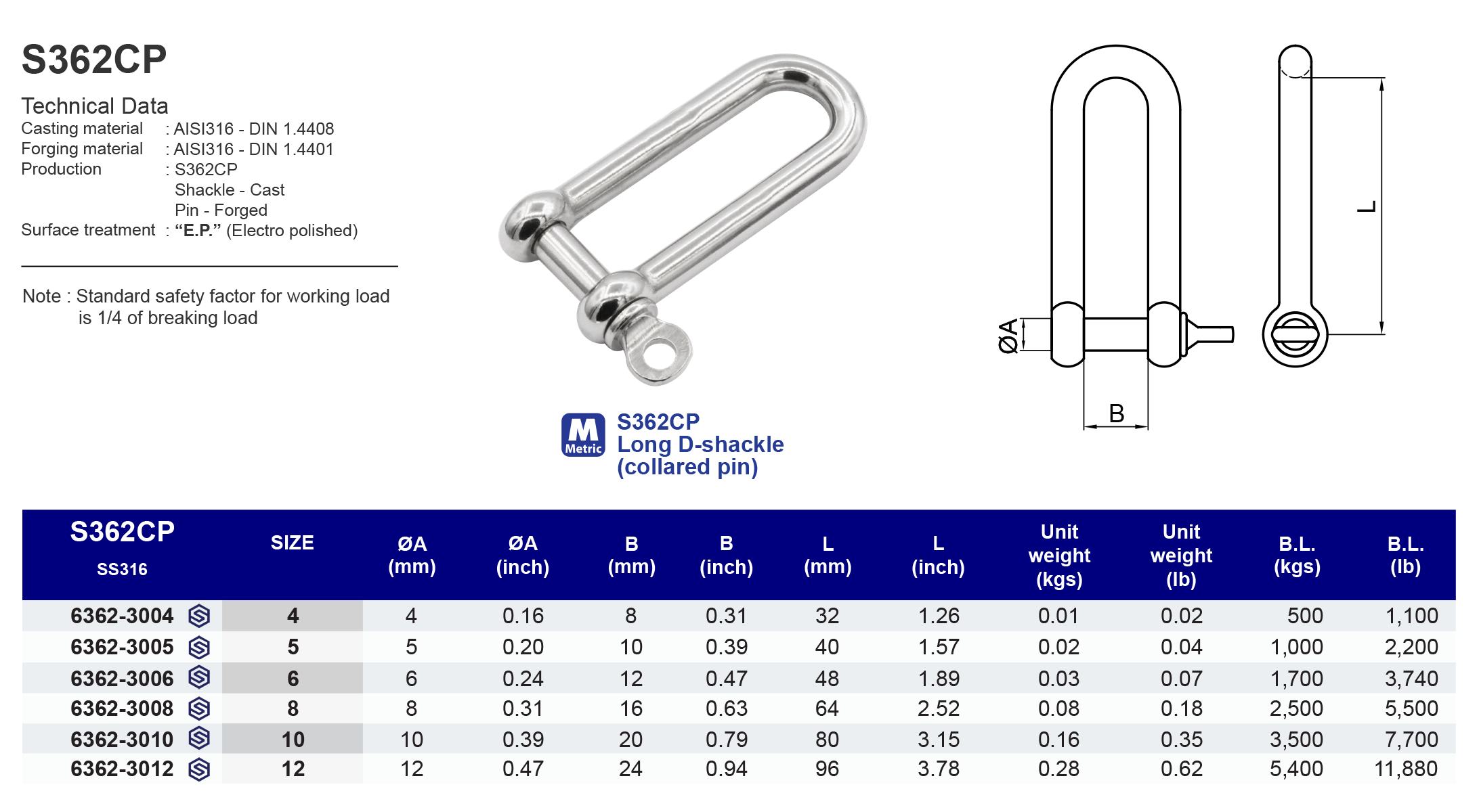 S362CP Long D-shackle (collared pin) - 316